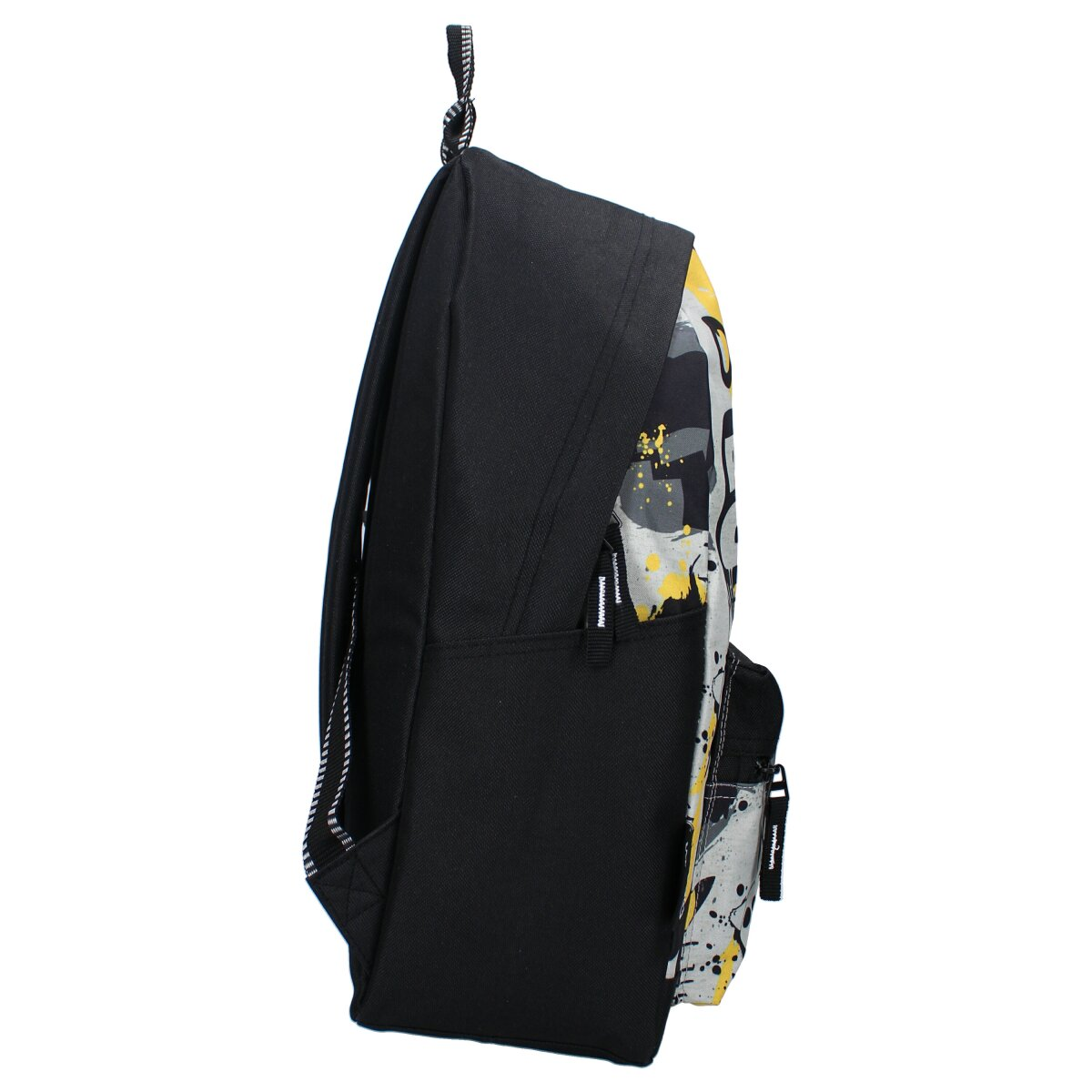 Seitenansicht eines schwarzen Rucksacks mit Pikachu-Design. Gelbe und weiße Farben an der Seite.