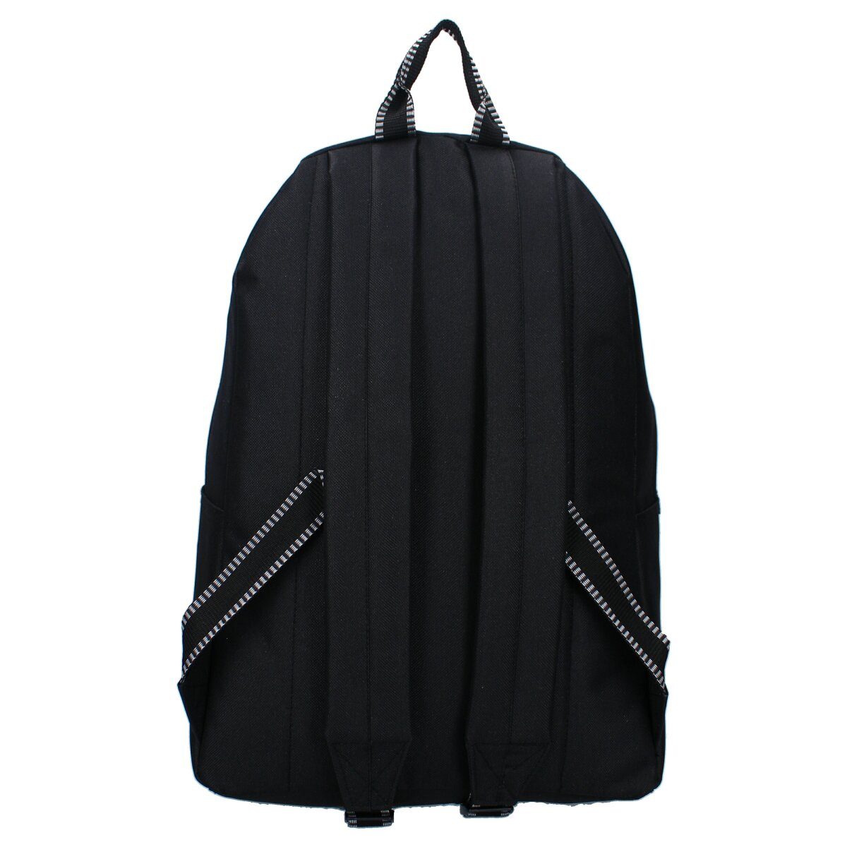 Schwarzer Rucksack mit zwei weißen Streifen auf den Schultergurten.