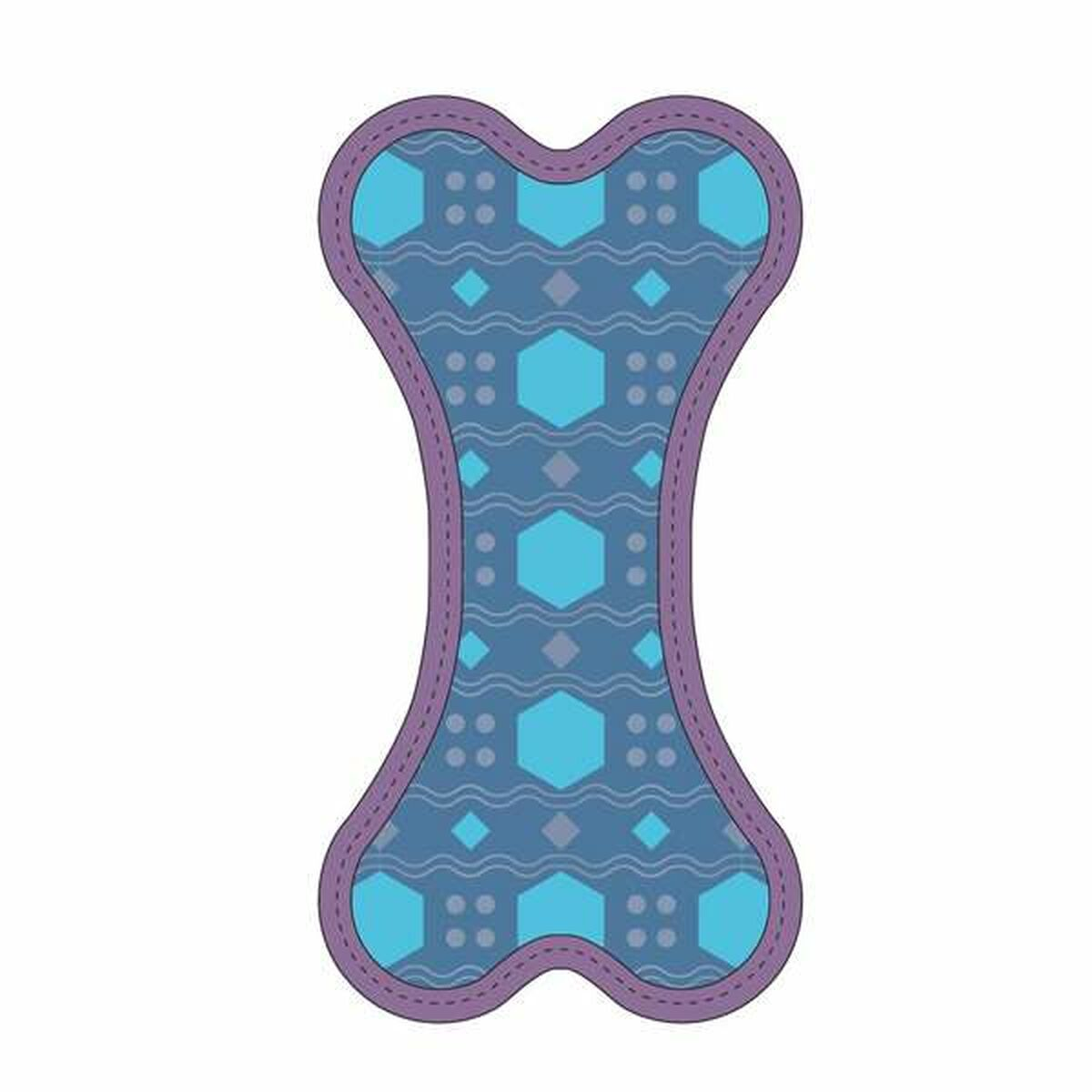 Un giocattolo blu a forma di osso di cane con bordo viola e centro a fantasia.