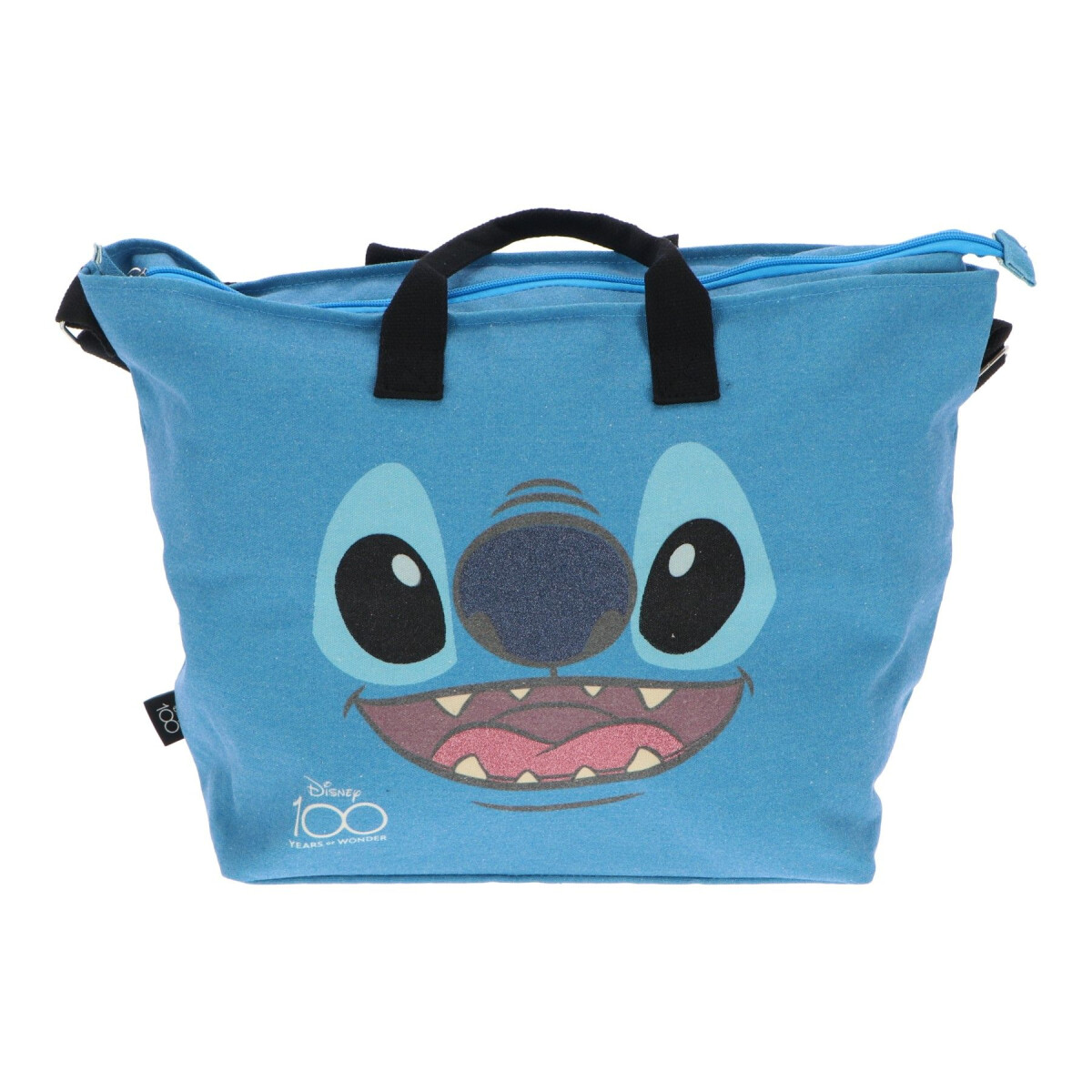 Blaue Stitch-Tasche mit dem Gesicht der Figur, schwarzen Griffen und einem Reißverschluss.