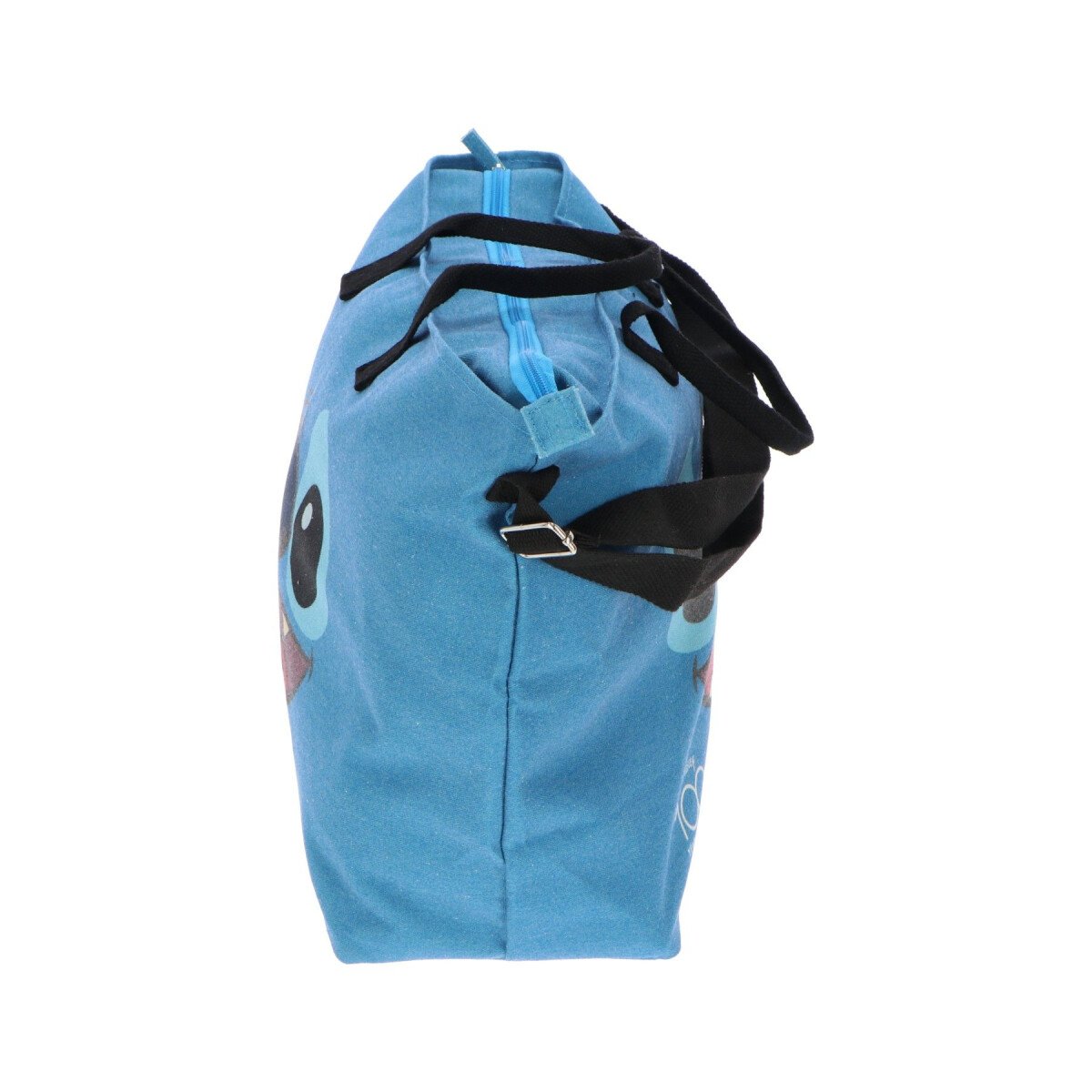 Seitenansicht einer blauen Tragetasche mit Stitch-Cartoonfigur und schwarzen Griffen.