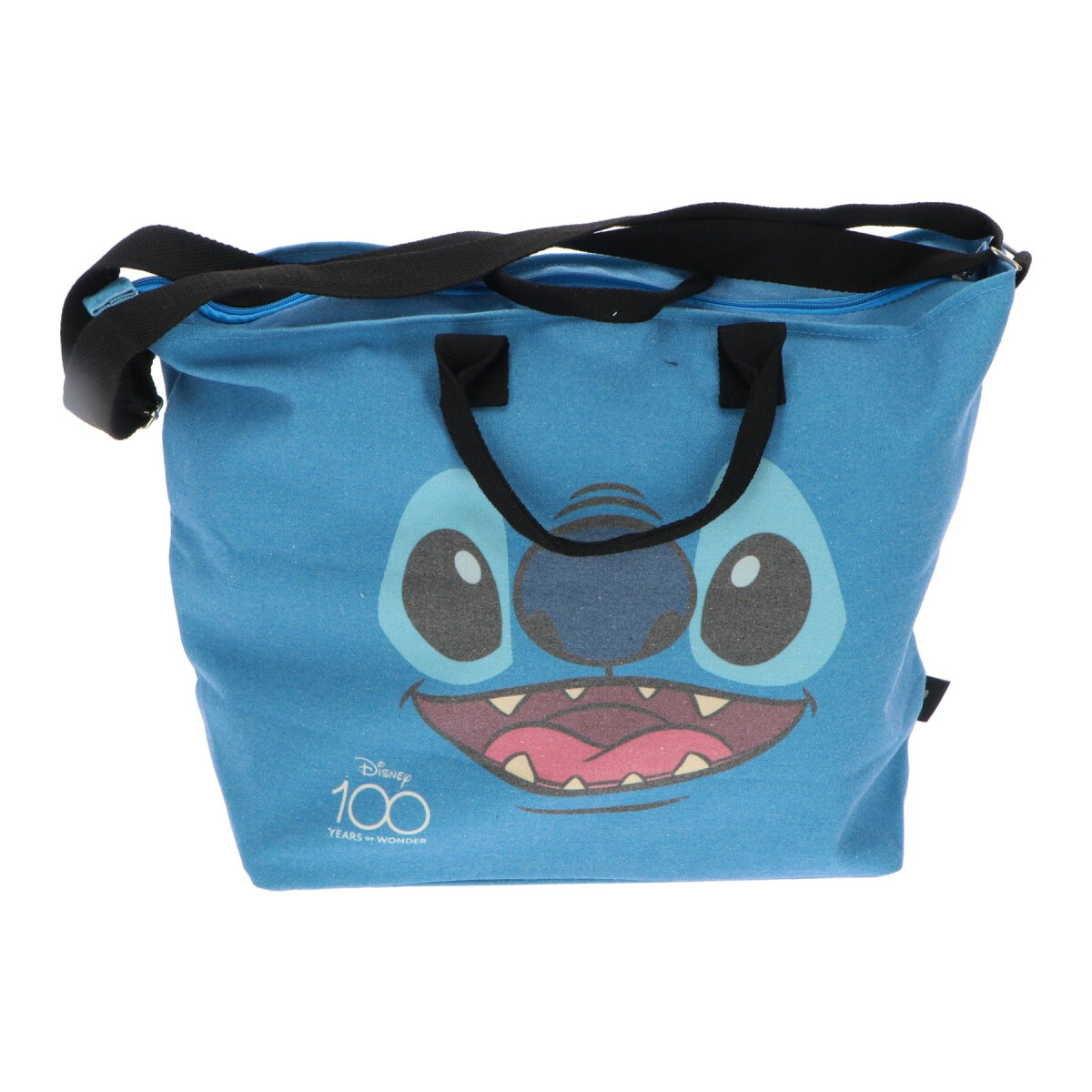 Eine hellblaue Tragetasche mit Stitch-Charakter-Design. Der Hintergrund ist weiß.