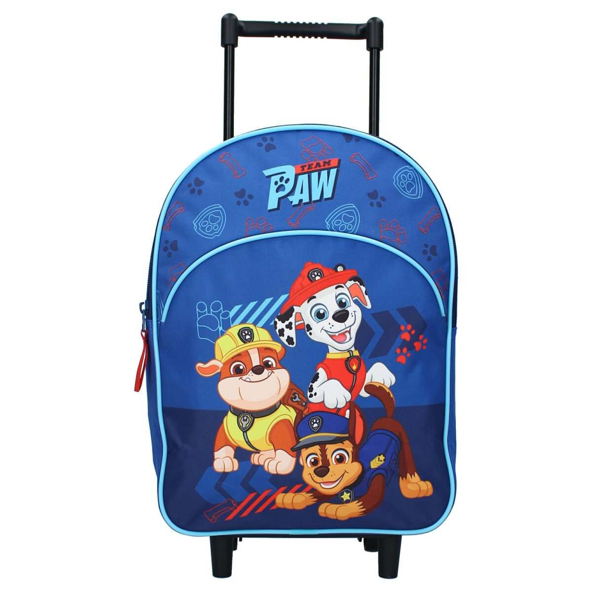Paw Patrol Rollrucksack, Vorderansicht, mit den Zeichentrickfiguren. Blaue Tasche mit Rädern.