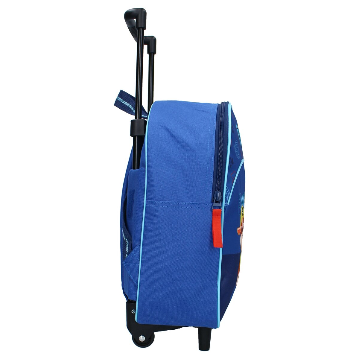 Paw Patrol Rollrucksack, Seitenansicht, mit Griff und Rädern. Blaue Tasche mit rotem Reißverschluss.
