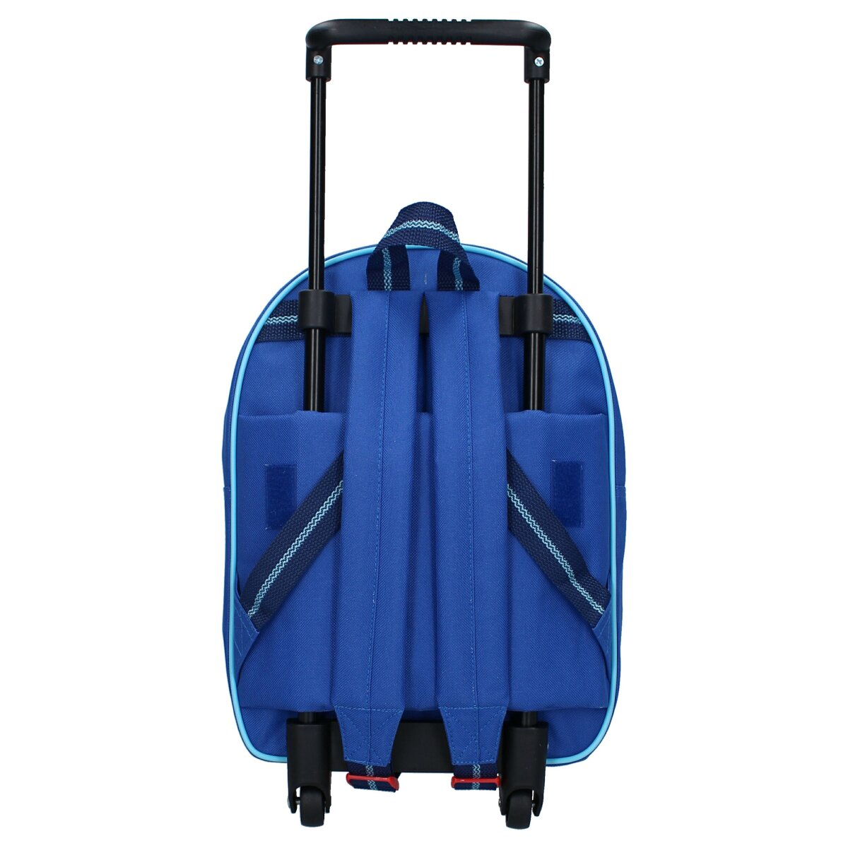 Blauer Paw Patrol Rollrucksack, Griff ausgezogen, mit den Paw Patrol-Charakteren auf der Vorderseite.