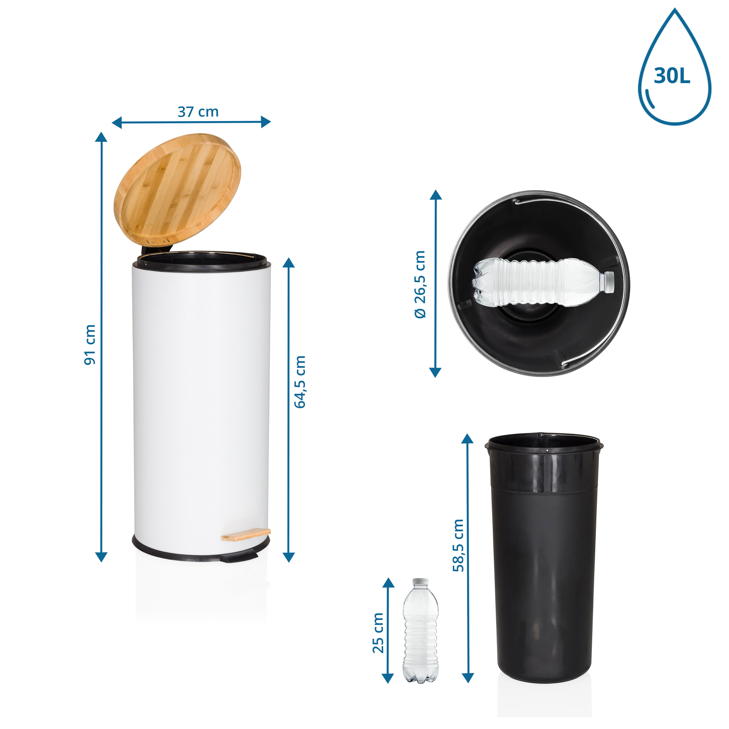 Weißer Mülleimer mit offenem Deckel. Maße und ein 30L-Symbol sind abgebildet. Innen ist eine Plastikflasche zu sehen.