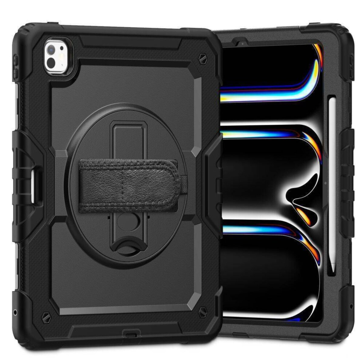 Zwarte beschermhoes voor een tablet. Het heeft een handriem en versterkte hoeken.