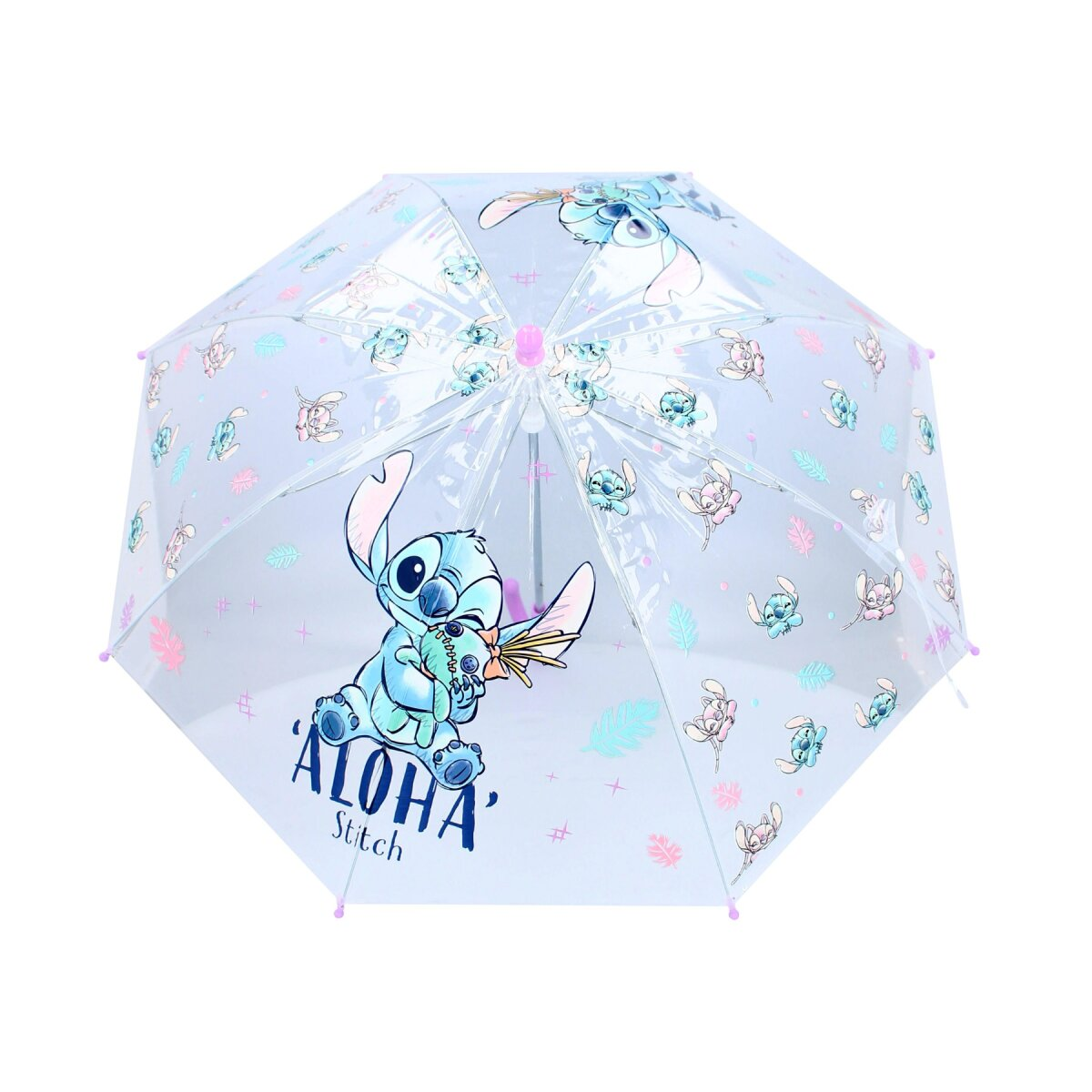 Transparenter Regenschirm mit Stitch-Cartoon. Text: ALOHA Stitch. Weißer Hintergrund.