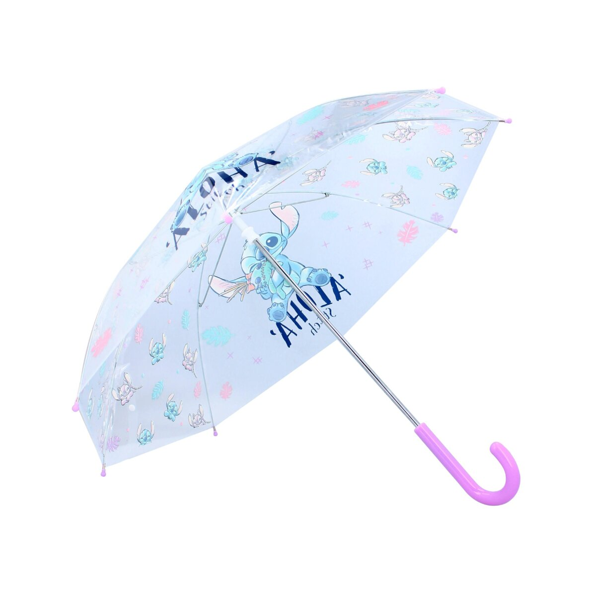 Transparenter Regenschirm mit Stitch-Figuren und 'Aloha Stitch'-Text. Der Schirm ist geöffnet.