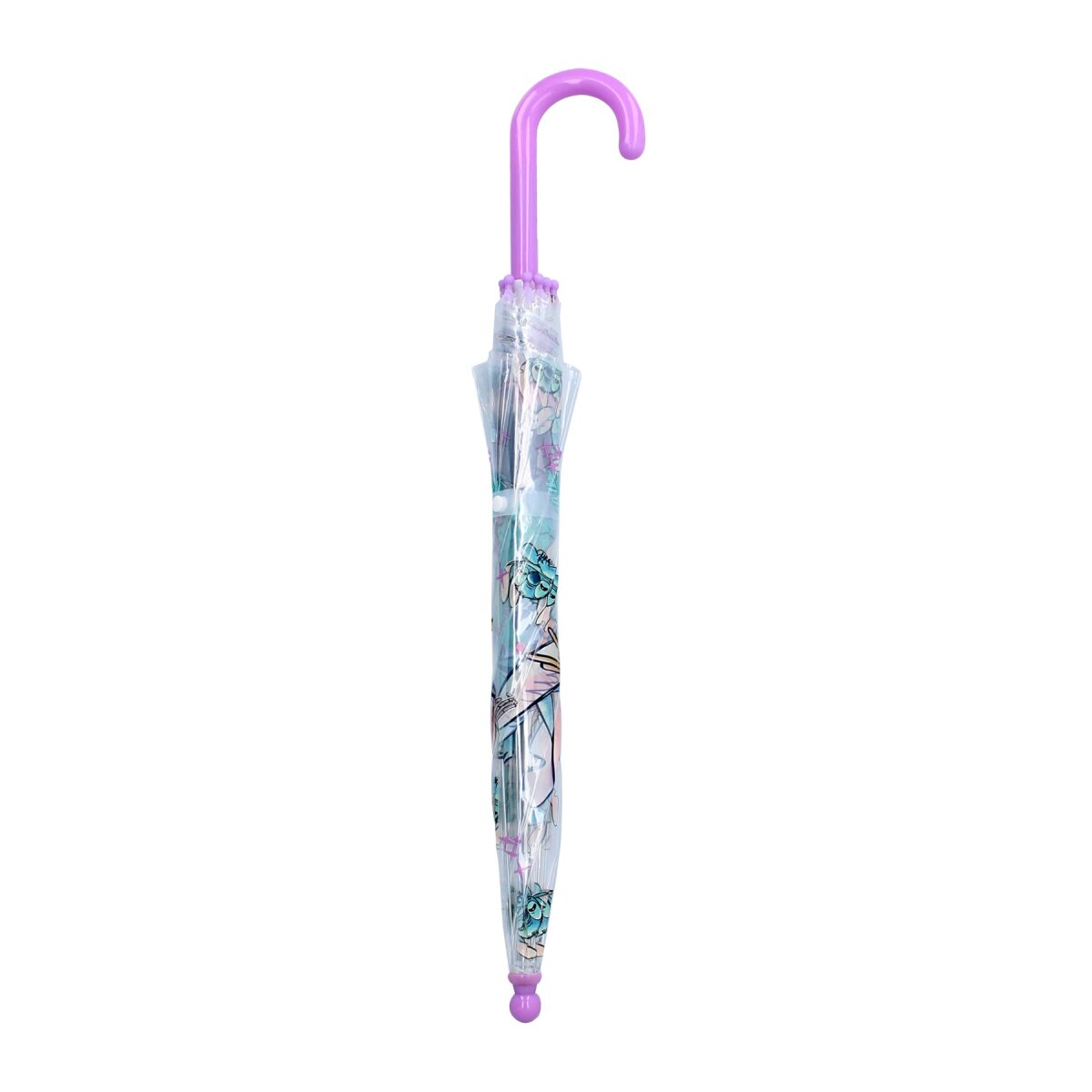 Ein transparenter Regenschirm mit lila Griff. Er hat ein Blumenmuster und ist auf weißem Grund.