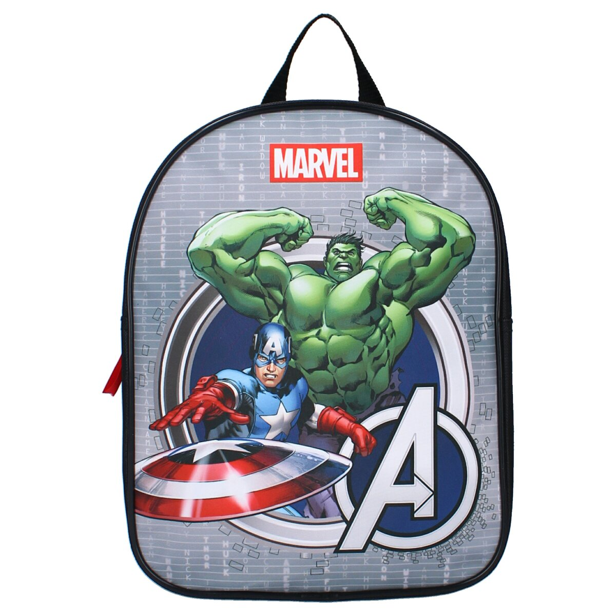 Ein grauer Marvel Avengers Rucksack mit Hulk und Captain America.