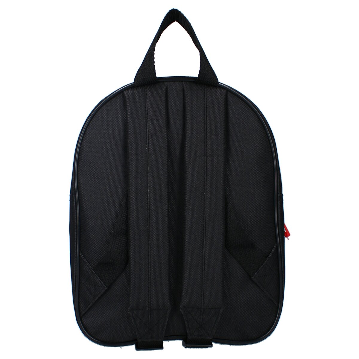 Schwarzer Rucksack, Rückansicht, mit schwarzen Trägern und rotem Reißverschluss.