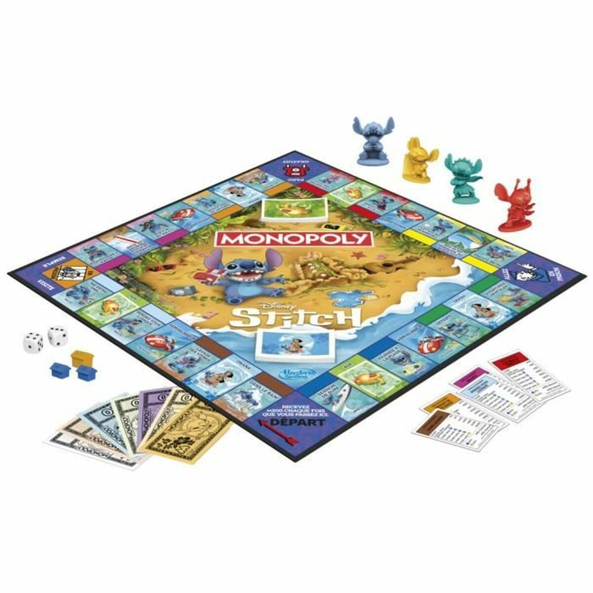 Gioco da tavolo Monopoly a tema Stitch. Pezzi di gioco e denaro sono impostati.