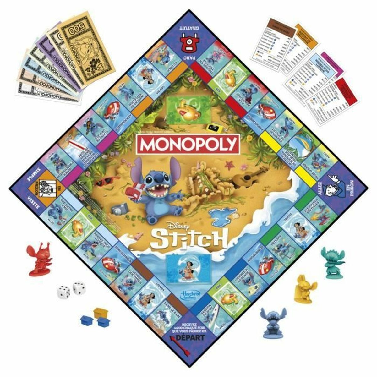 Gioco da tavolo Monopoly a tema Stitch. Pezzi di gioco, denaro e dadi sono disposti.