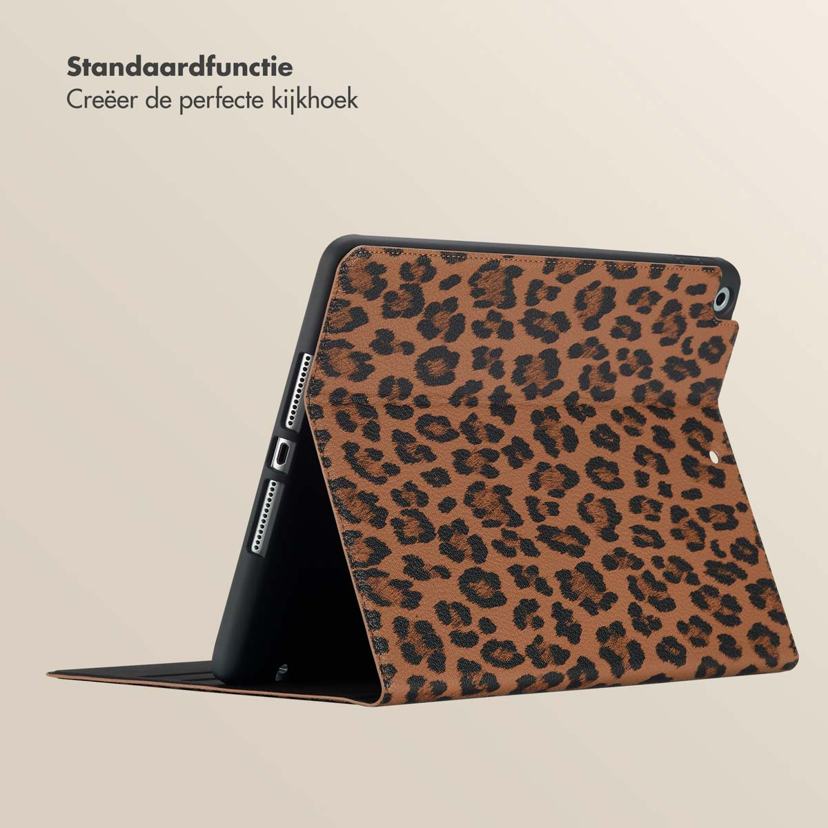 Tablet case, brown with leopard print, open. Light beige background.