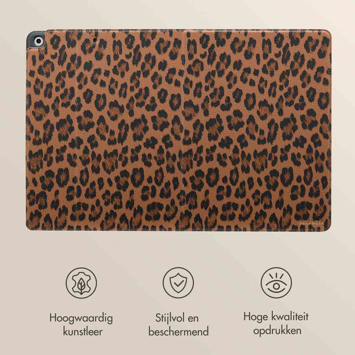 Tablet case with leopard print and three icons below.