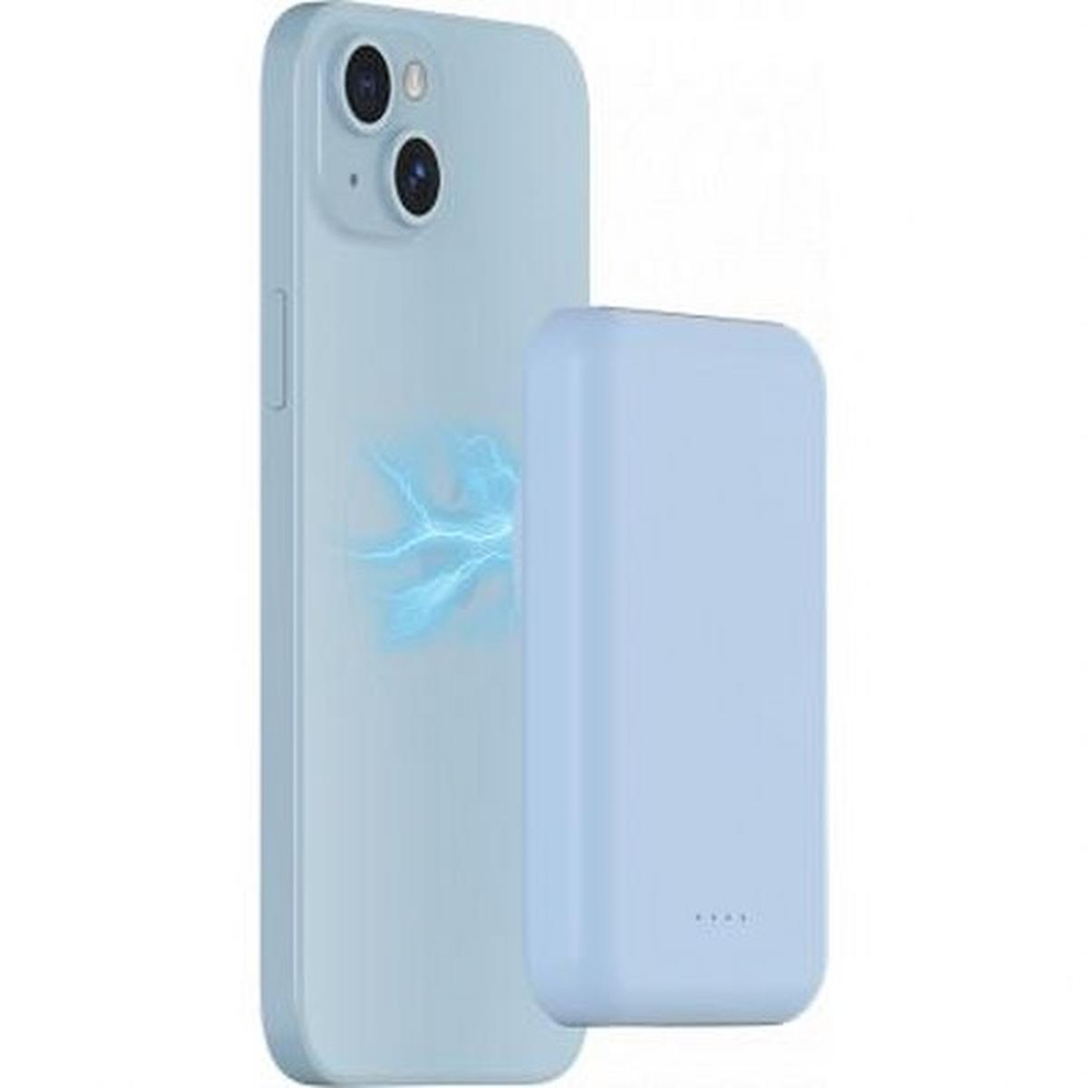 Custodia per telefono azzurra con caricatore wireless, su sfondo bianco.