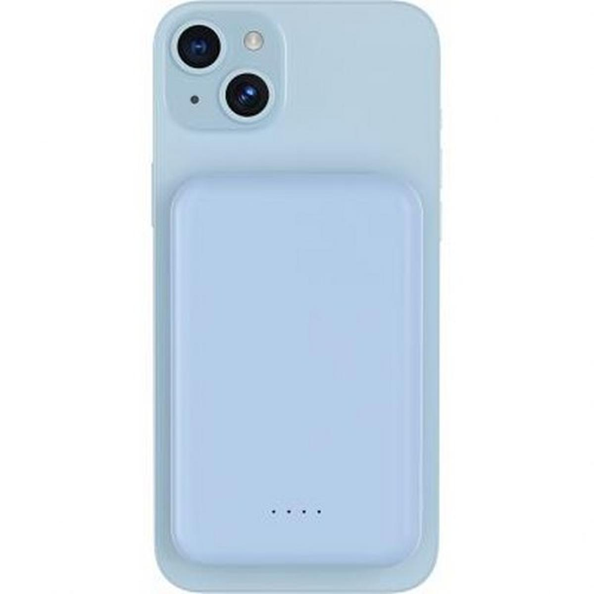 Custodia per telefono azzurra con caricatore wireless collegato.