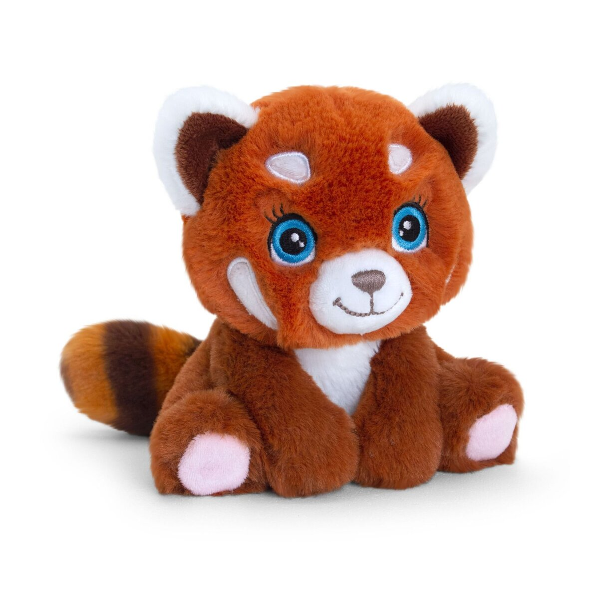 Rode panda knuffel met grote blauwe ogen, op een witte achtergrond.
