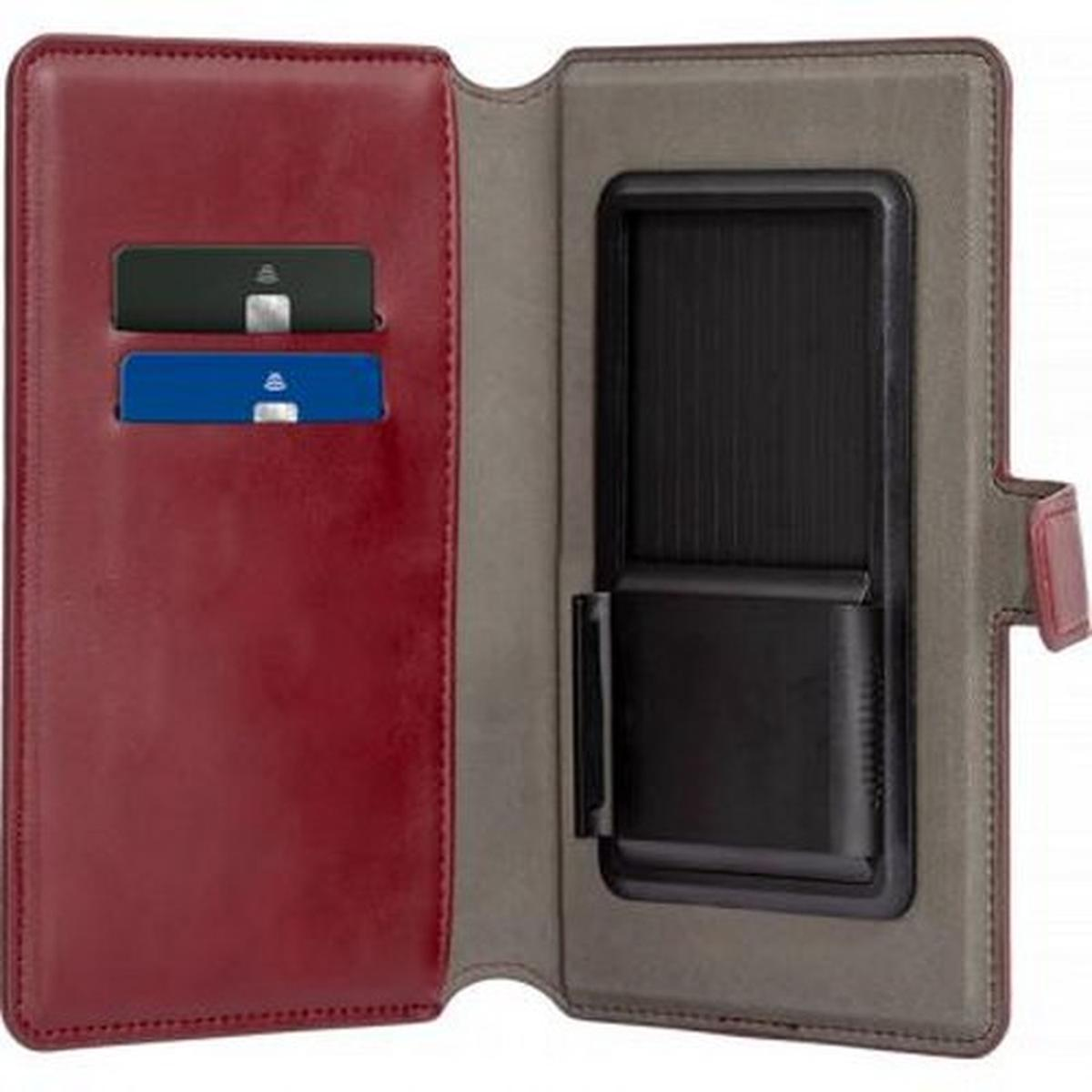 Custodia per telefono in pelle rossa con scomparti per carte e supporto nero.