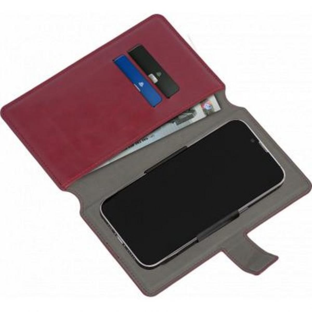 Custodia bordeaux aperta con telefono all'interno e scomparti per carte.