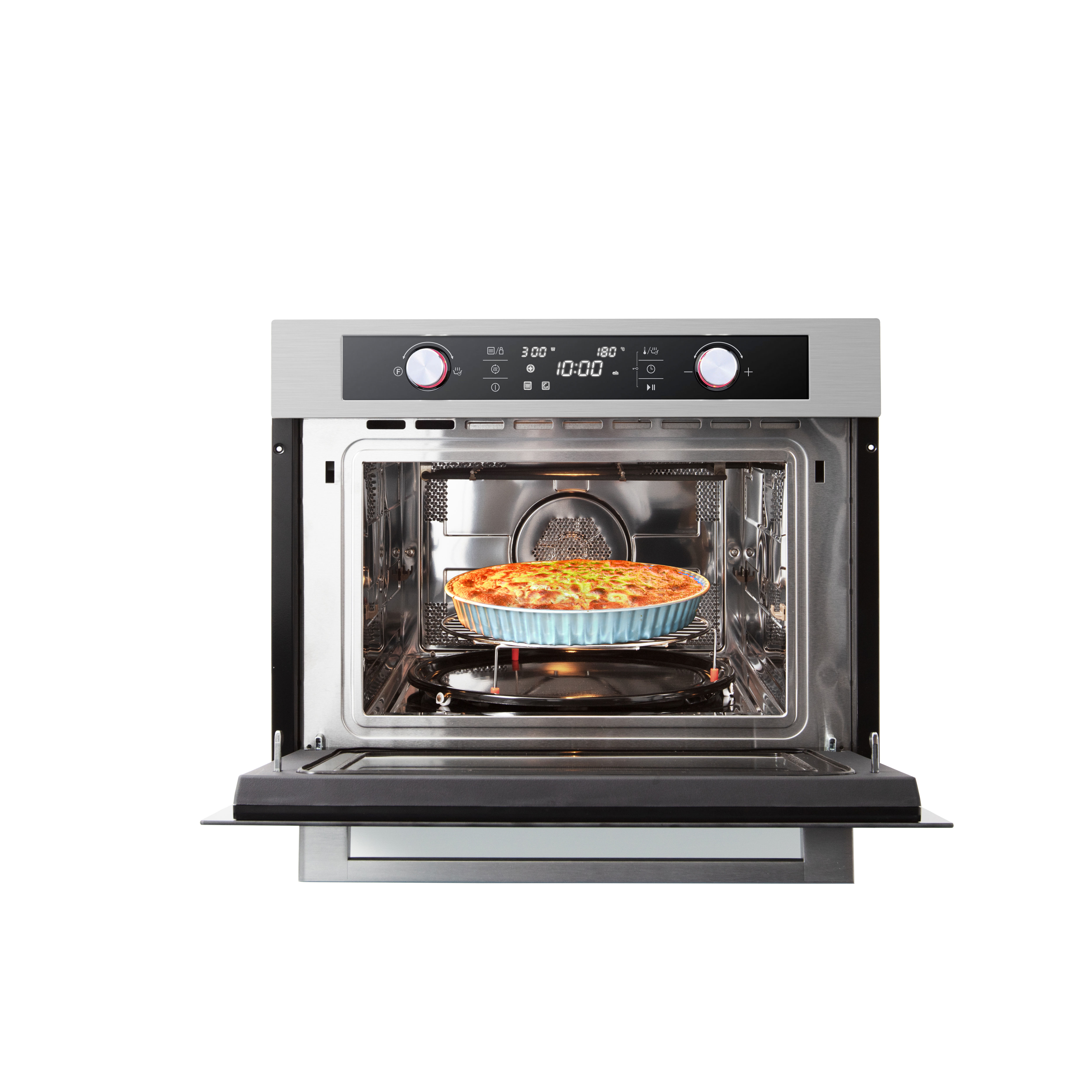 Open microwave with pizza on a blue dish, inside.