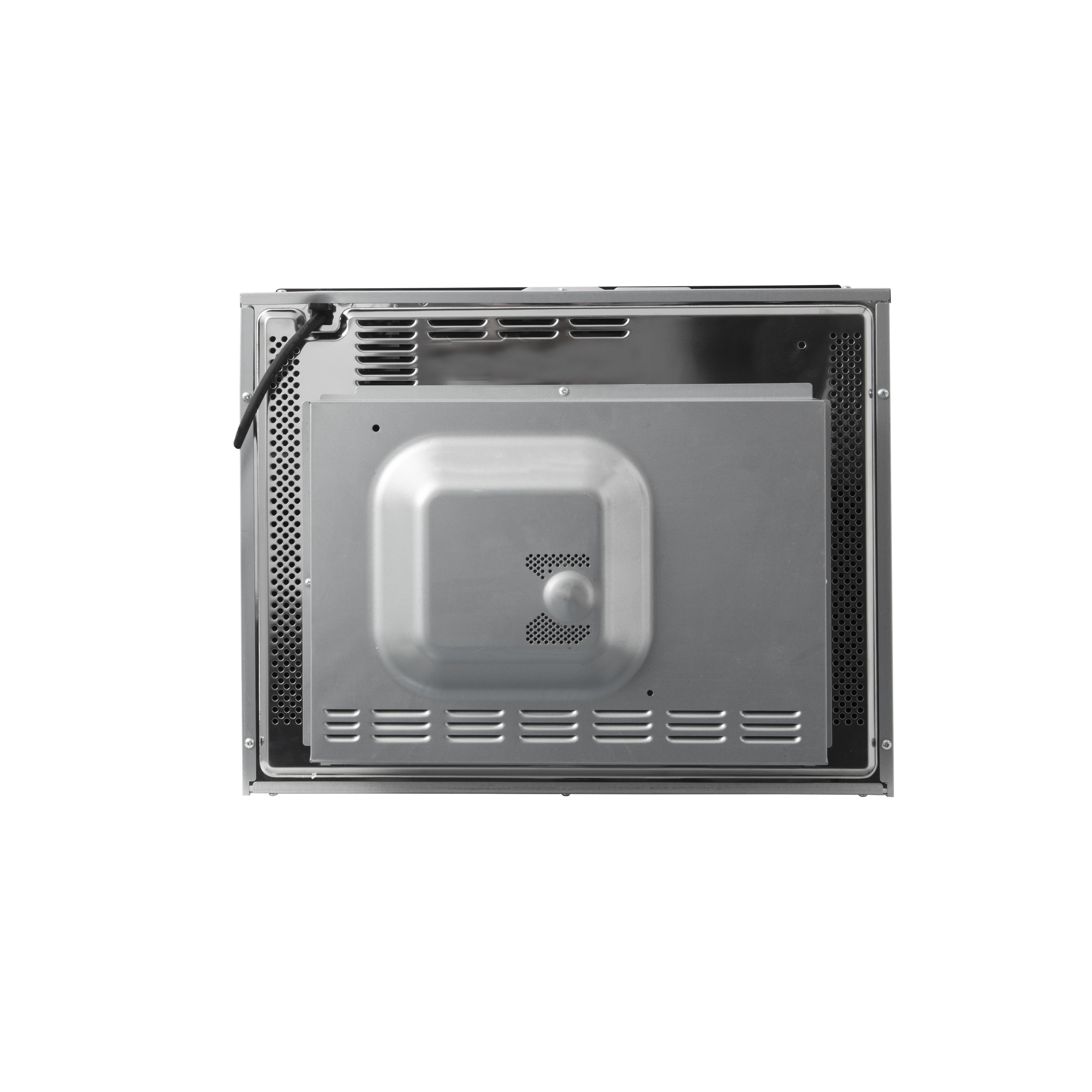 De achterkant van een metalen magnetron, met ventilatiesleuven, een metalen plaat en een netsnoer.