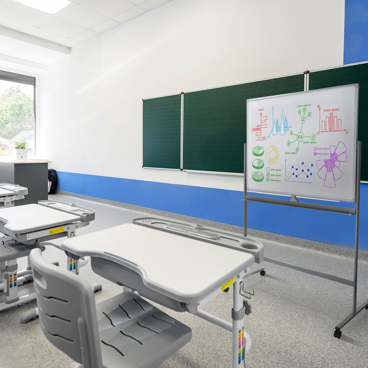 Klassenzimmer mit Tischen, grüner Tafel und Whiteboard mit Diagrammen.
