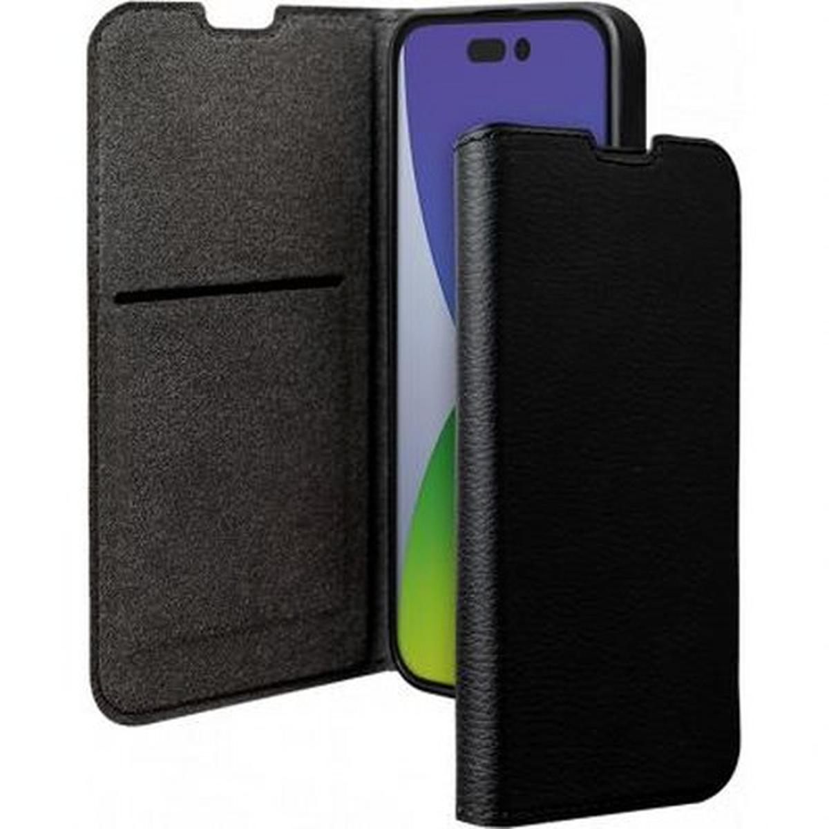 Custodia per telefono in pelle nera, aperta per rivelare uno smartphone con cornice nera. Un lato ha uno slot per schede.