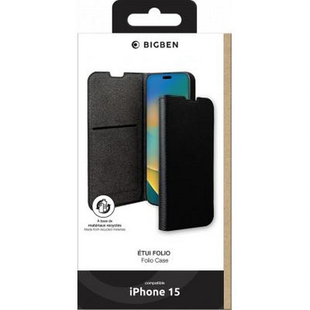 Una custodia nera per telefono in una scatola, con un telefono all'interno, la custodia dice iPhone 15.