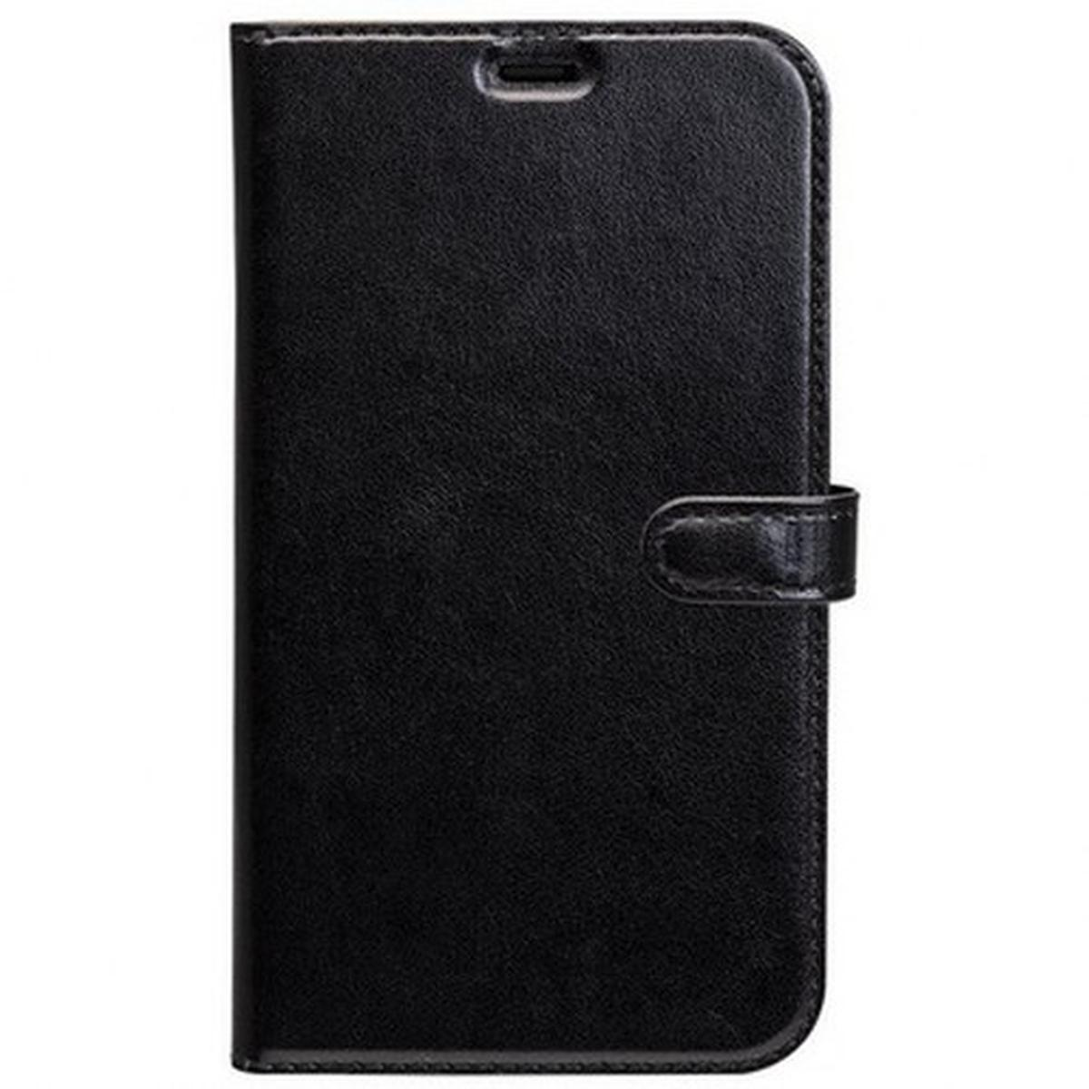 Custodia per telefono in pelle nera stile portafoglio. Ha una chiusura magnetica e una patta.