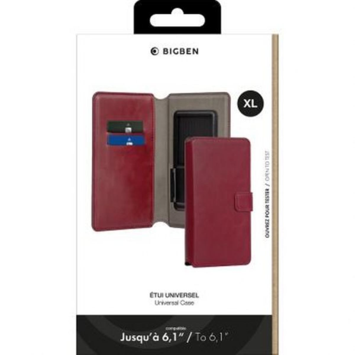 Eine rote Handyhülle mit Brieftaschenfunktion, in einer weißen Verpackung.