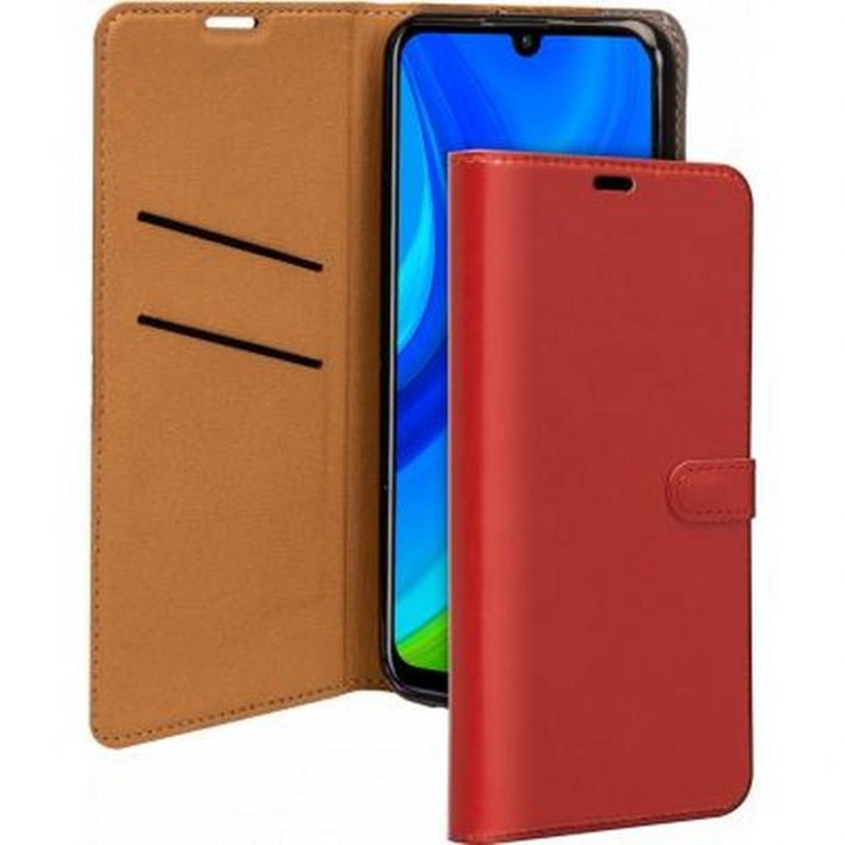 Custodia rossa per telefono con telefono all'interno. Aperta per visualizzare lo schermo del telefono. La custodia è rossa e marrone.