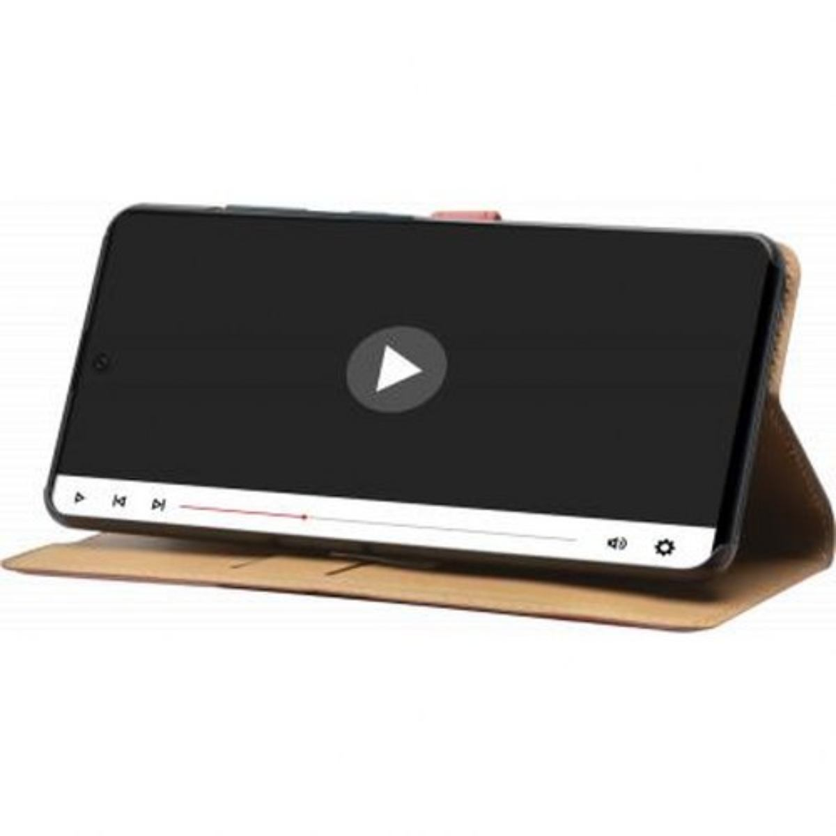 Uno smartphone in una custodia che riproduce un video con un pulsante di riproduzione.