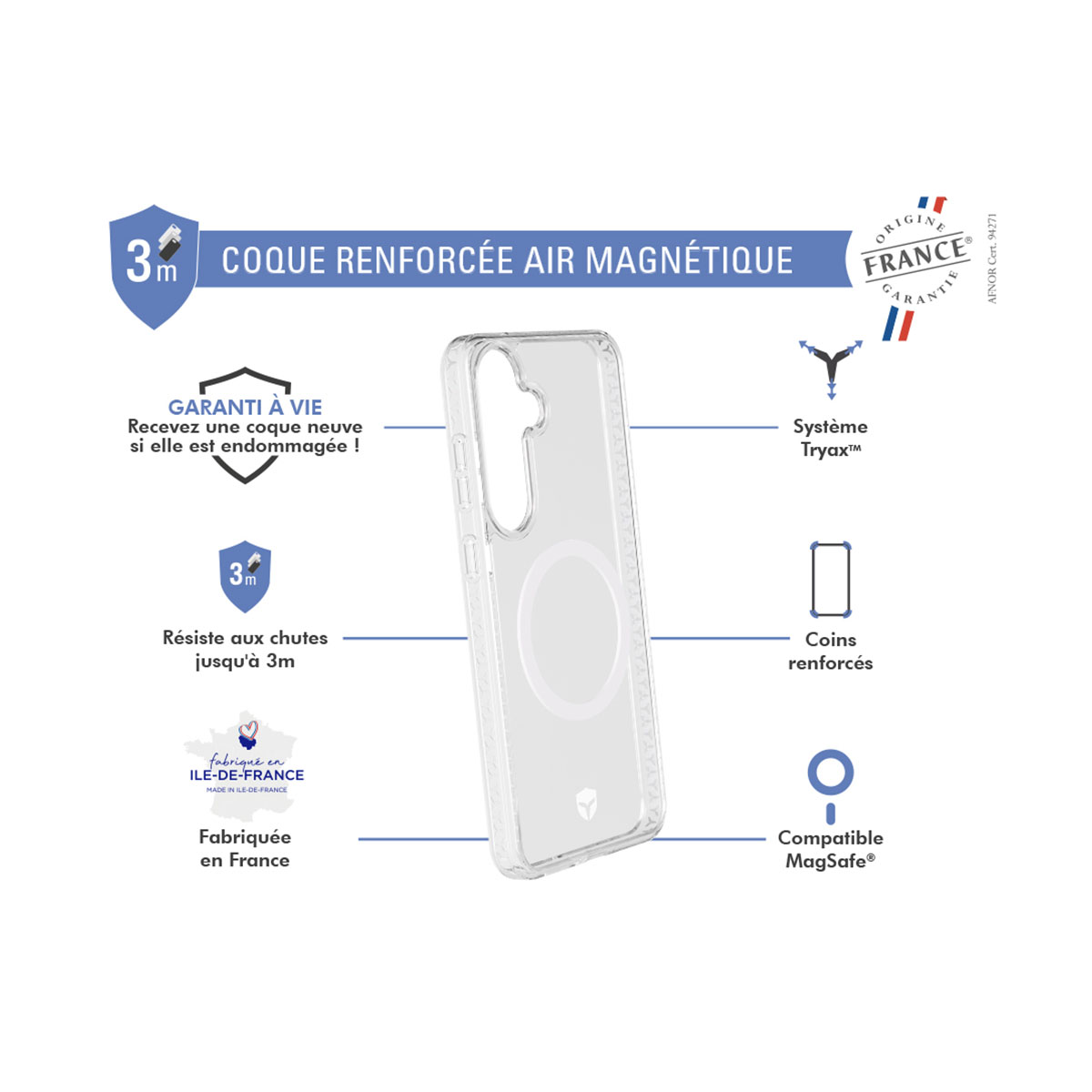 Custodia trasparente con testo francese, angoli rinforzati, aria magnetica e resistente alle cadute fino a 3m.