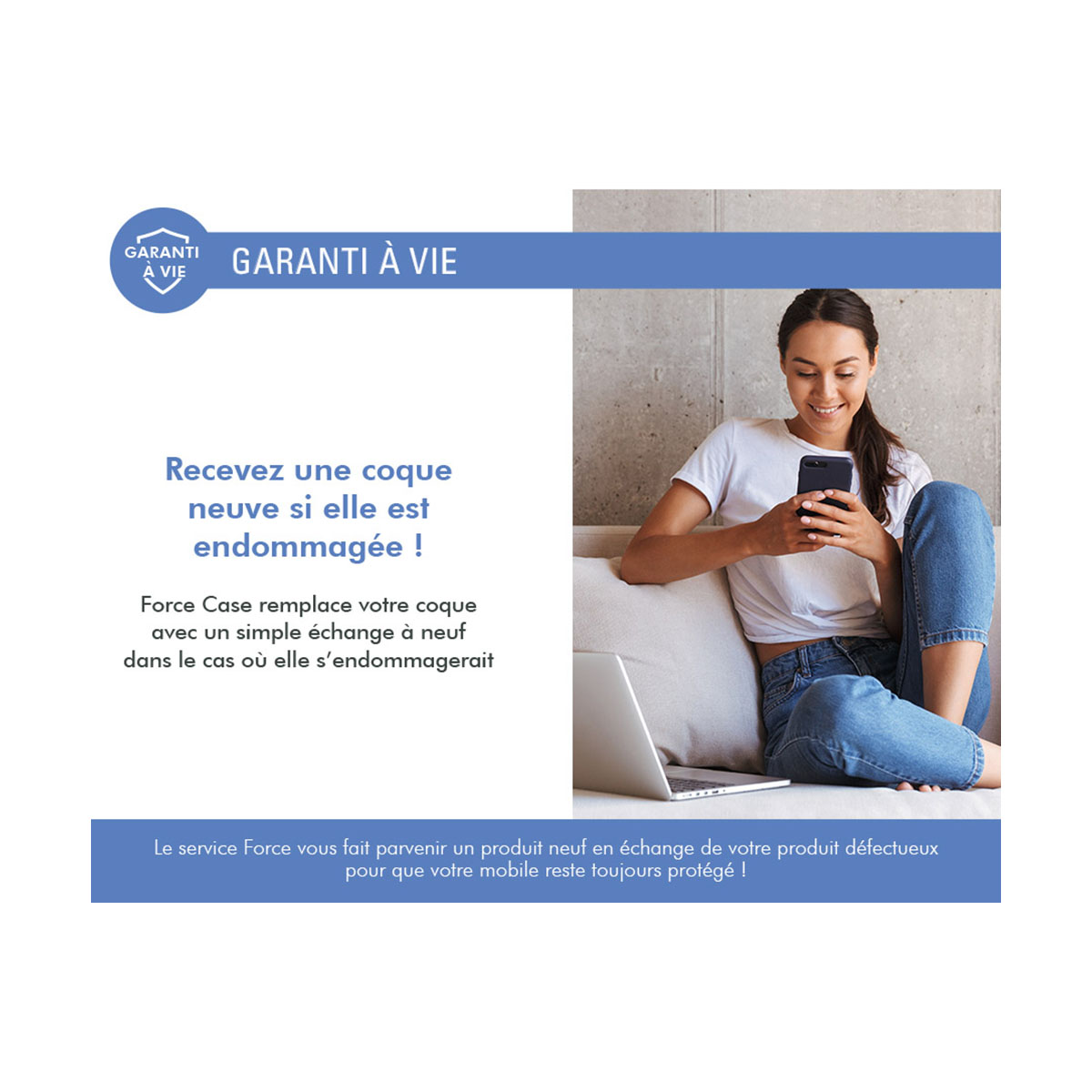 Donna che usa un telefono, informazioni sul prodotto della custodia su sfondo bianco.