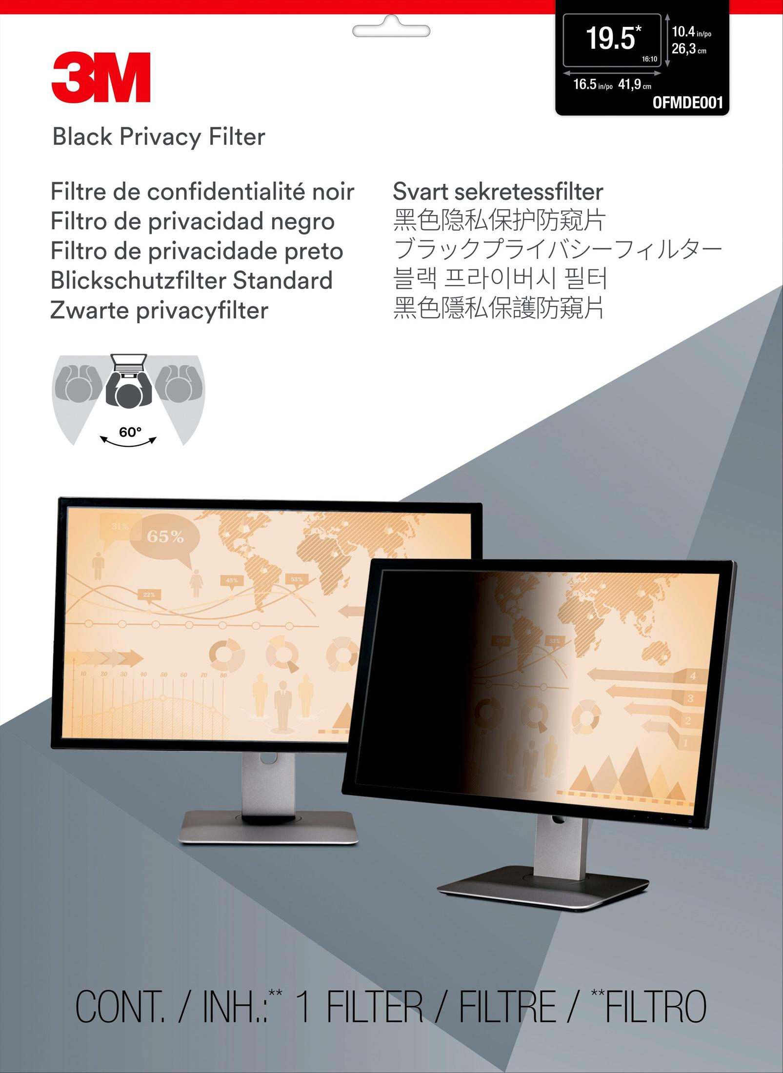 Zwei Computerbildschirme mit Sichtschutzfiltern. Einer zeigt eine klare Sicht, der andere ist dunkel.