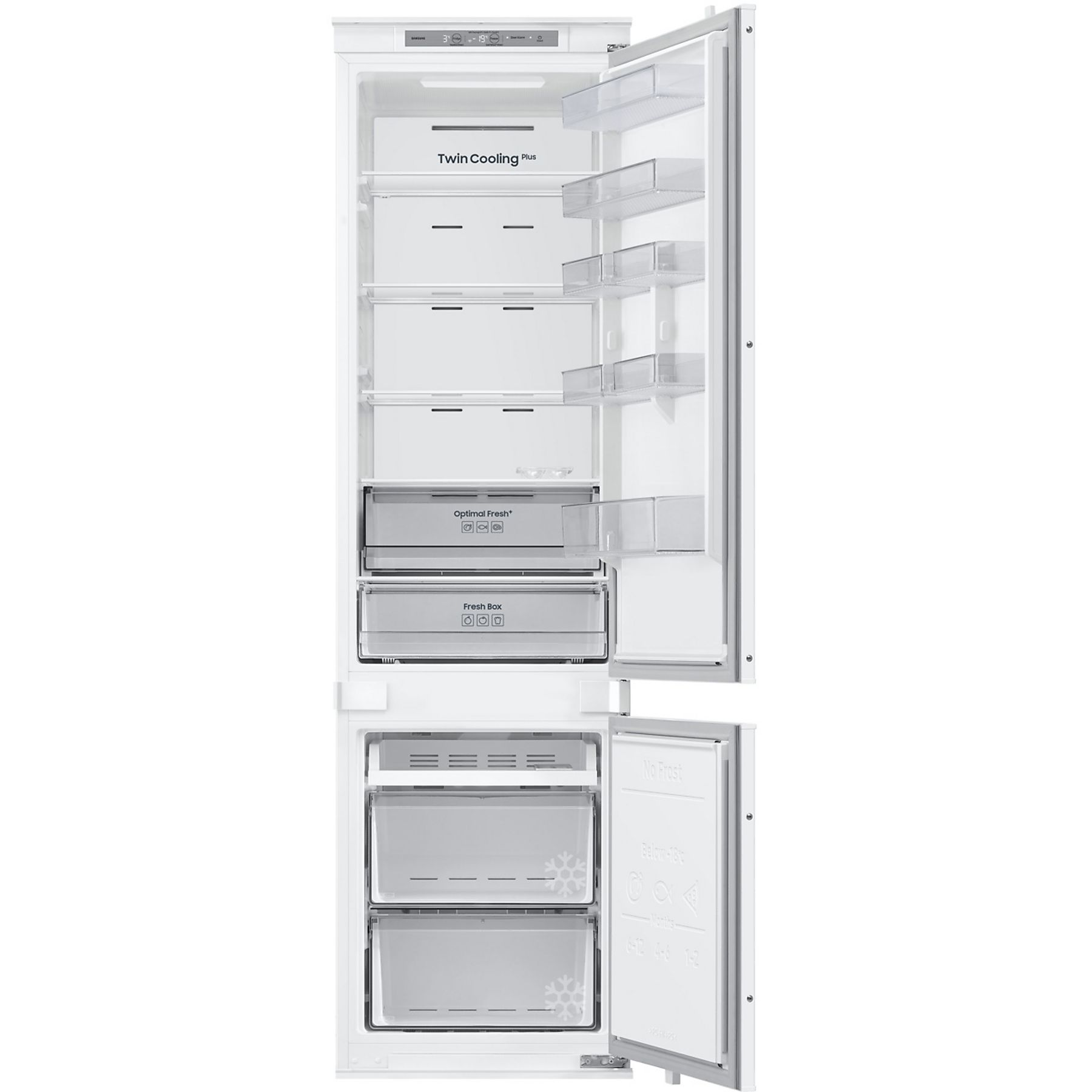 Biała lodówka z otwartymi oboma drzwiami. Wnętrze półek wypełnione produktami spożywczymi.