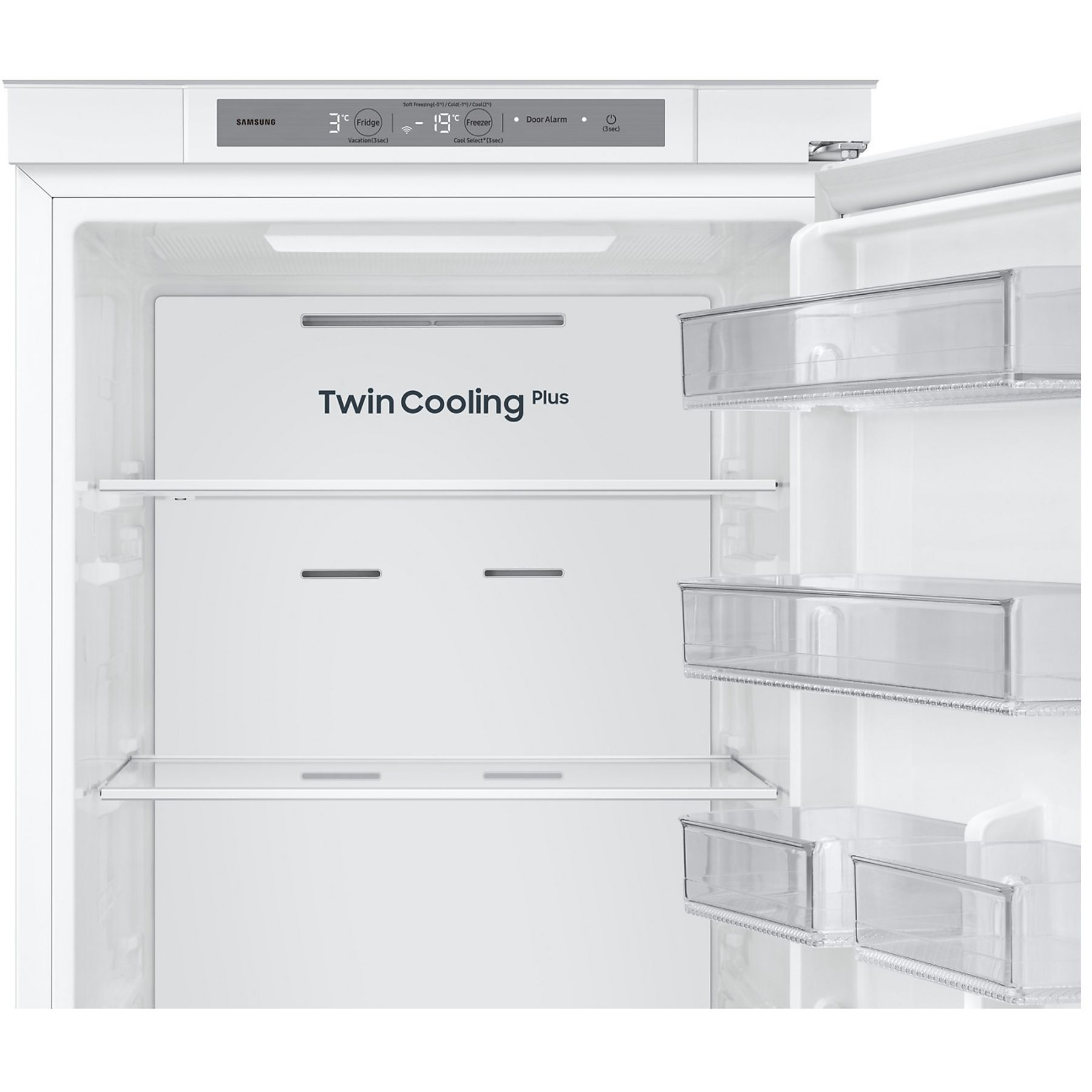 Zbliżenie wnętrza lodówki z półkami i szufladami. Nazwa marki to Twin Cooling Plus.