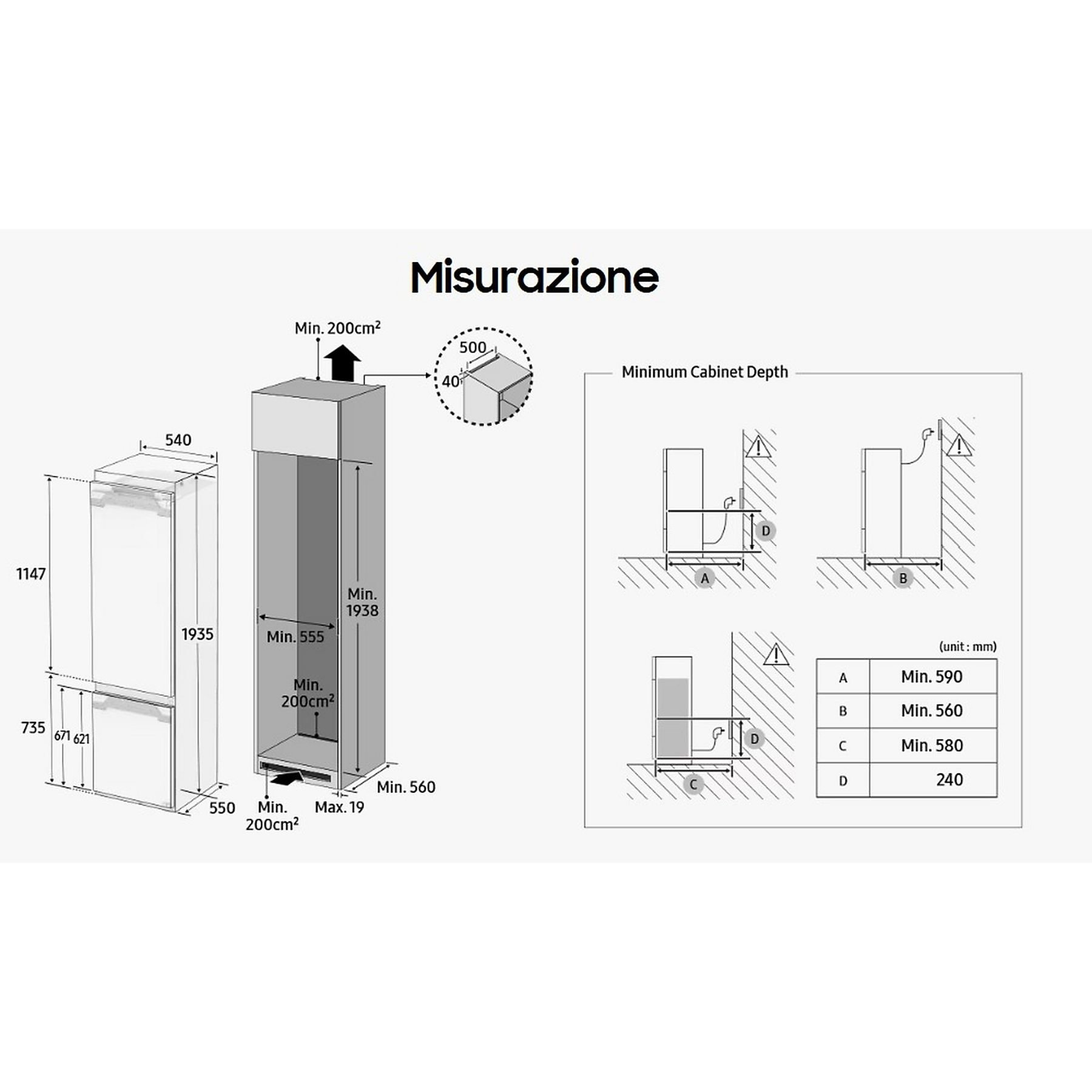 Schemat lodówki, pokazujący wymiary i wymagania dotyczące głębokości szafki, na białym tle.