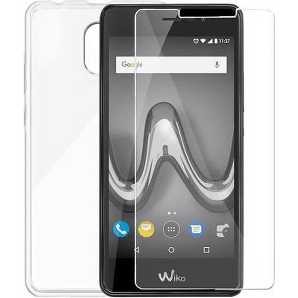 Una custodia per telefono nera, aperta, con un telefono all'interno. C'è una tasca per le carte.