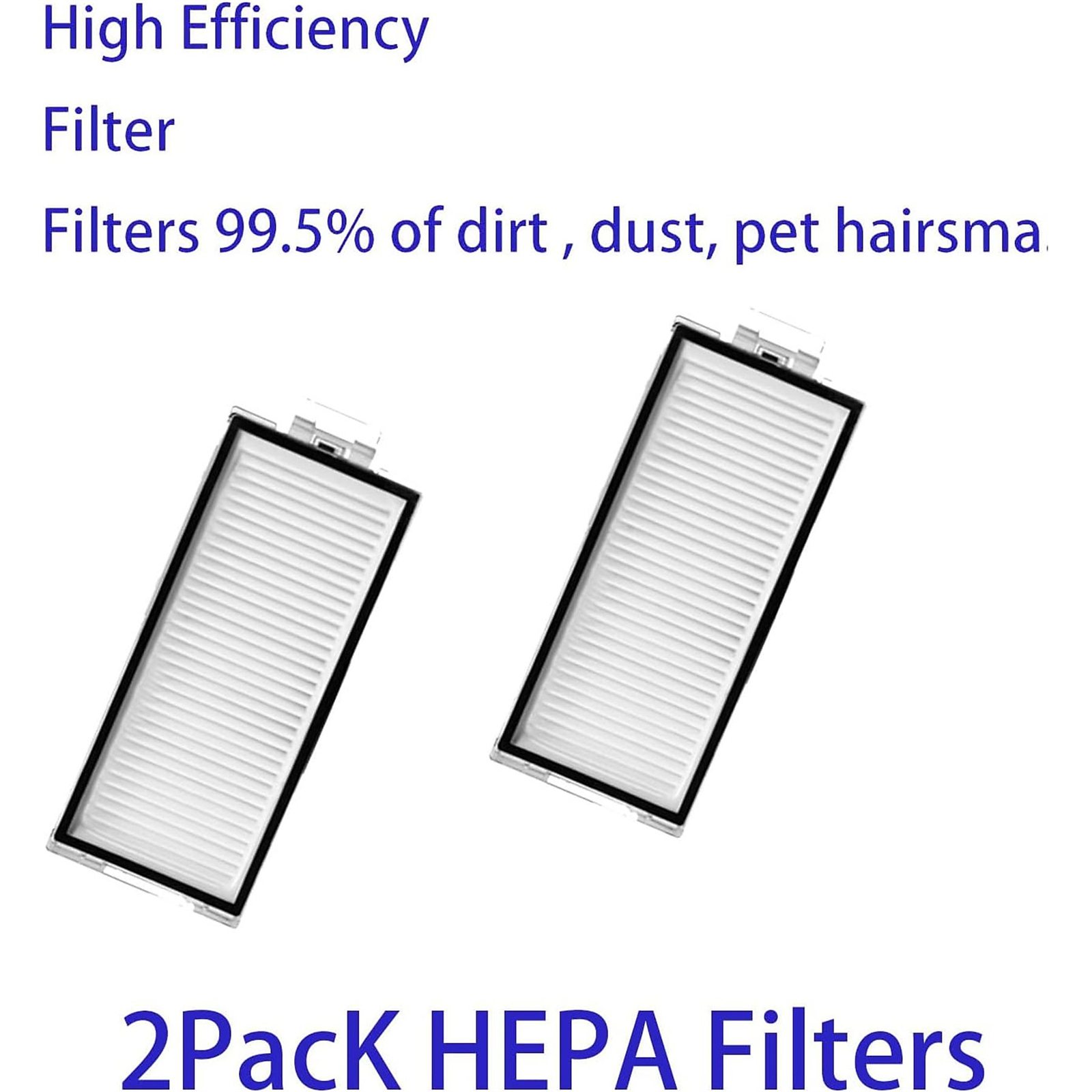 Zwei weiße HEPA-Filter mit schwarzen Rahmen, Text oben.