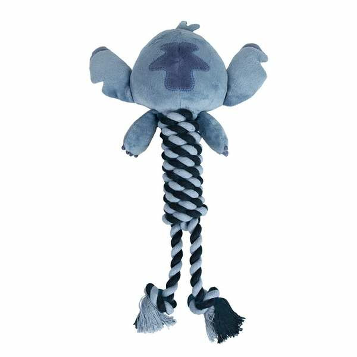 Blaues Stitch-Plüschtier mit schwarz-grauen Seilbeinen.