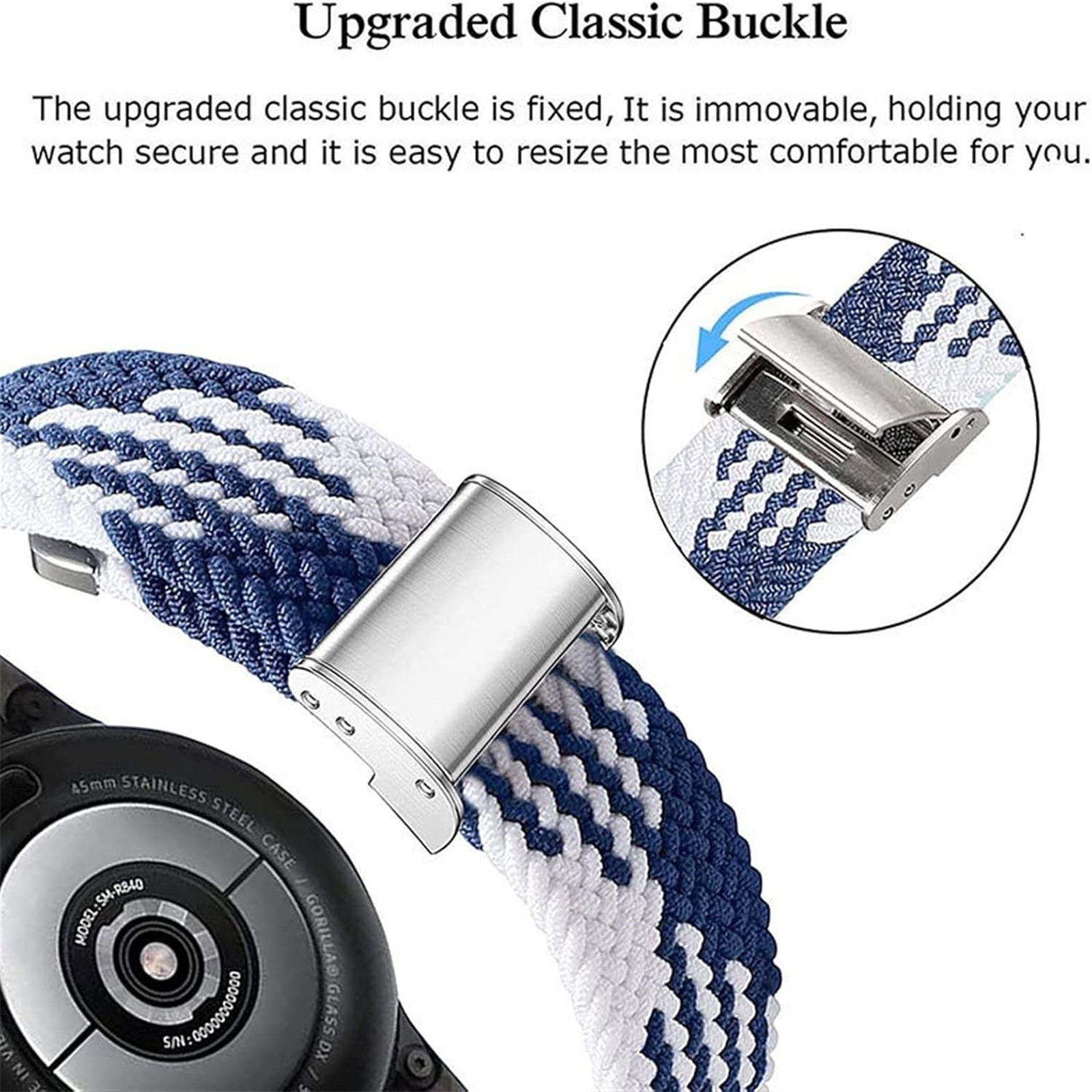 Nahaufnahme eines Uhrenarmbands mit silberner Schnalle und weiß-blauem Webmuster.