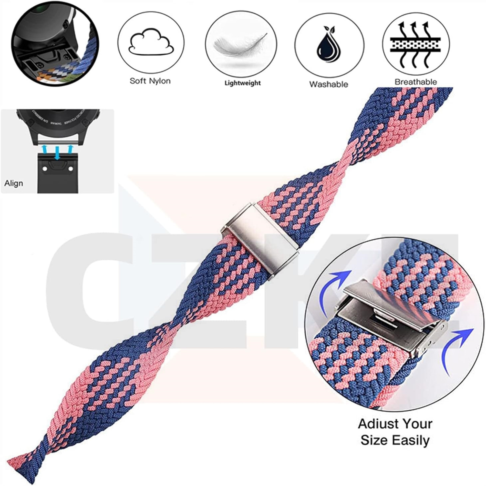 Armband mit rosa und blauem Zopf, verstellbarem Verschluss, Diagrammen.