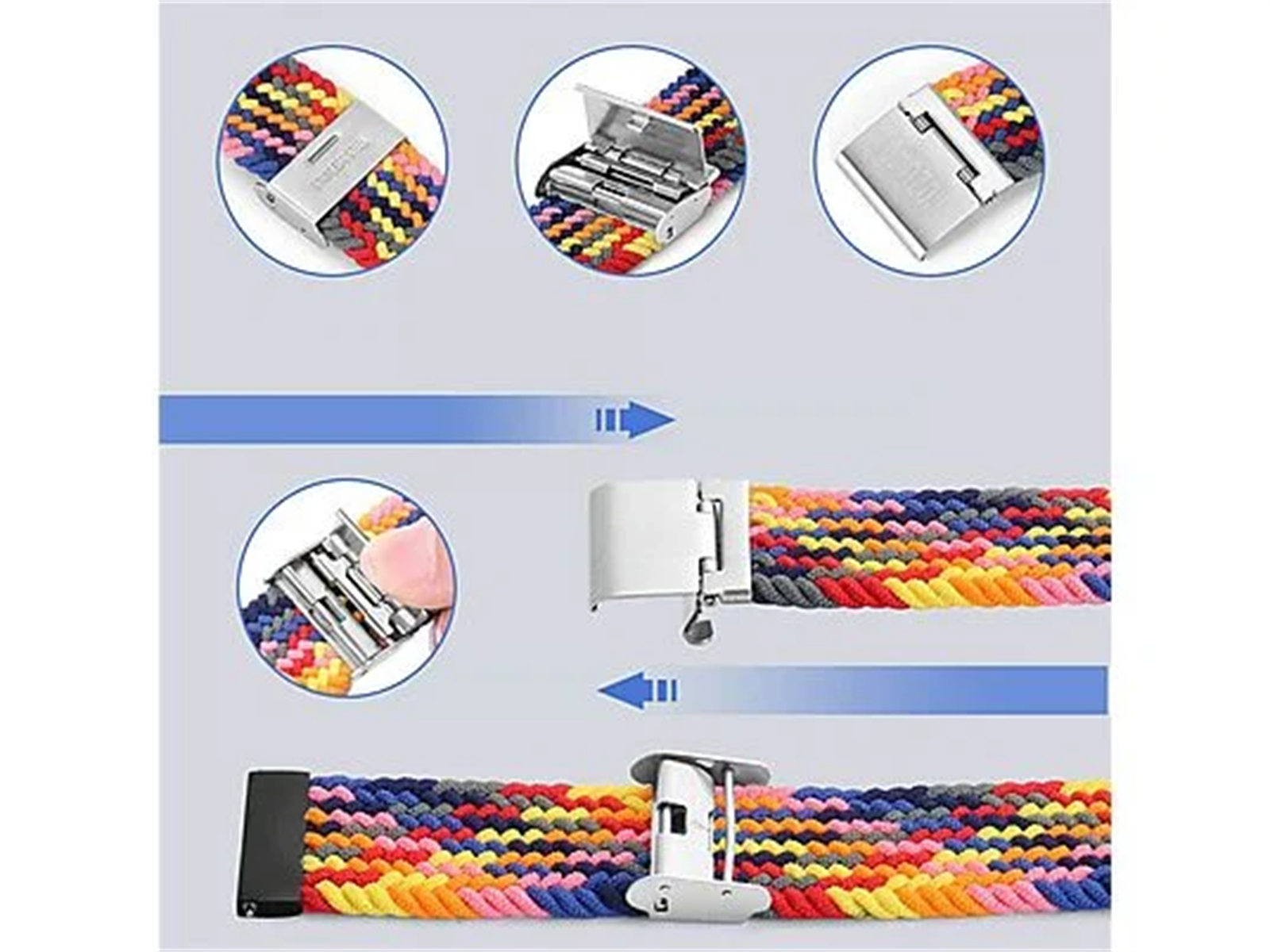 Armband mit farbenfrohem geflochtenem Design, Nahaufnahmedetails.