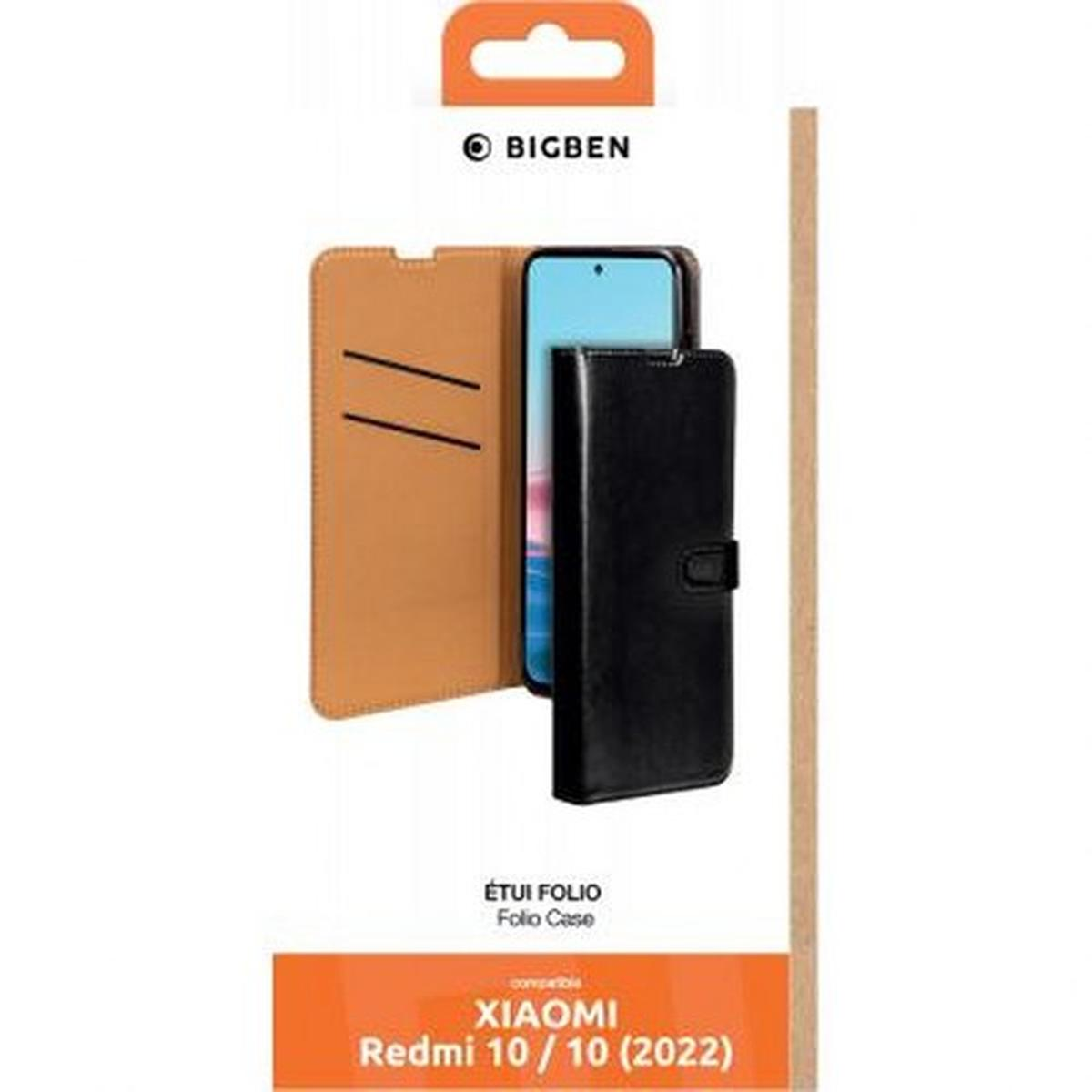 Custodia a libro Bigben Xiaomi Redmi 10/10 (2022), marrone fuori, nero dentro, telefono visibile.