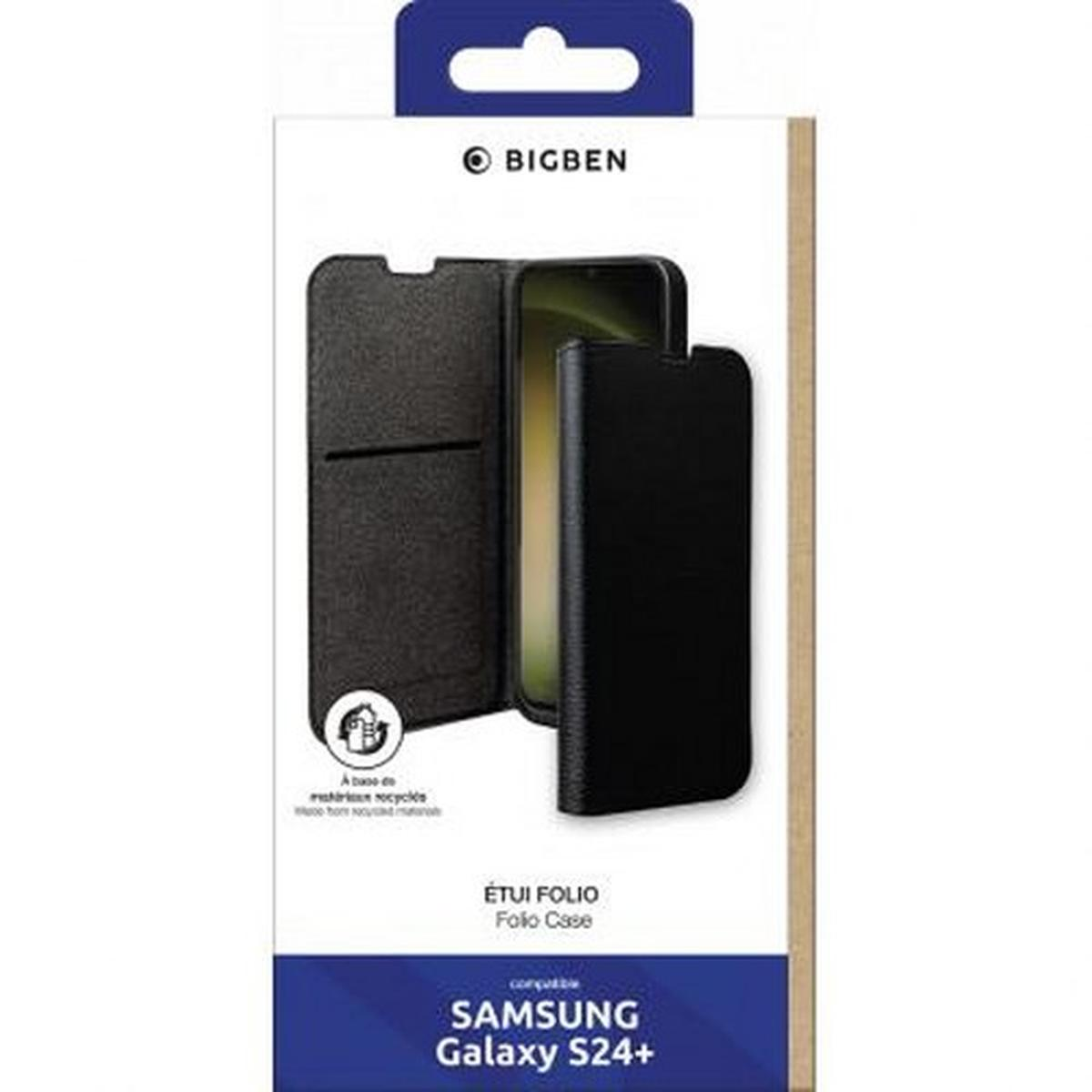 Custodia per telefono nera, aperta. Telefono all'interno. Marchio Bigben ed etichetta Samsung Galaxy S24+.