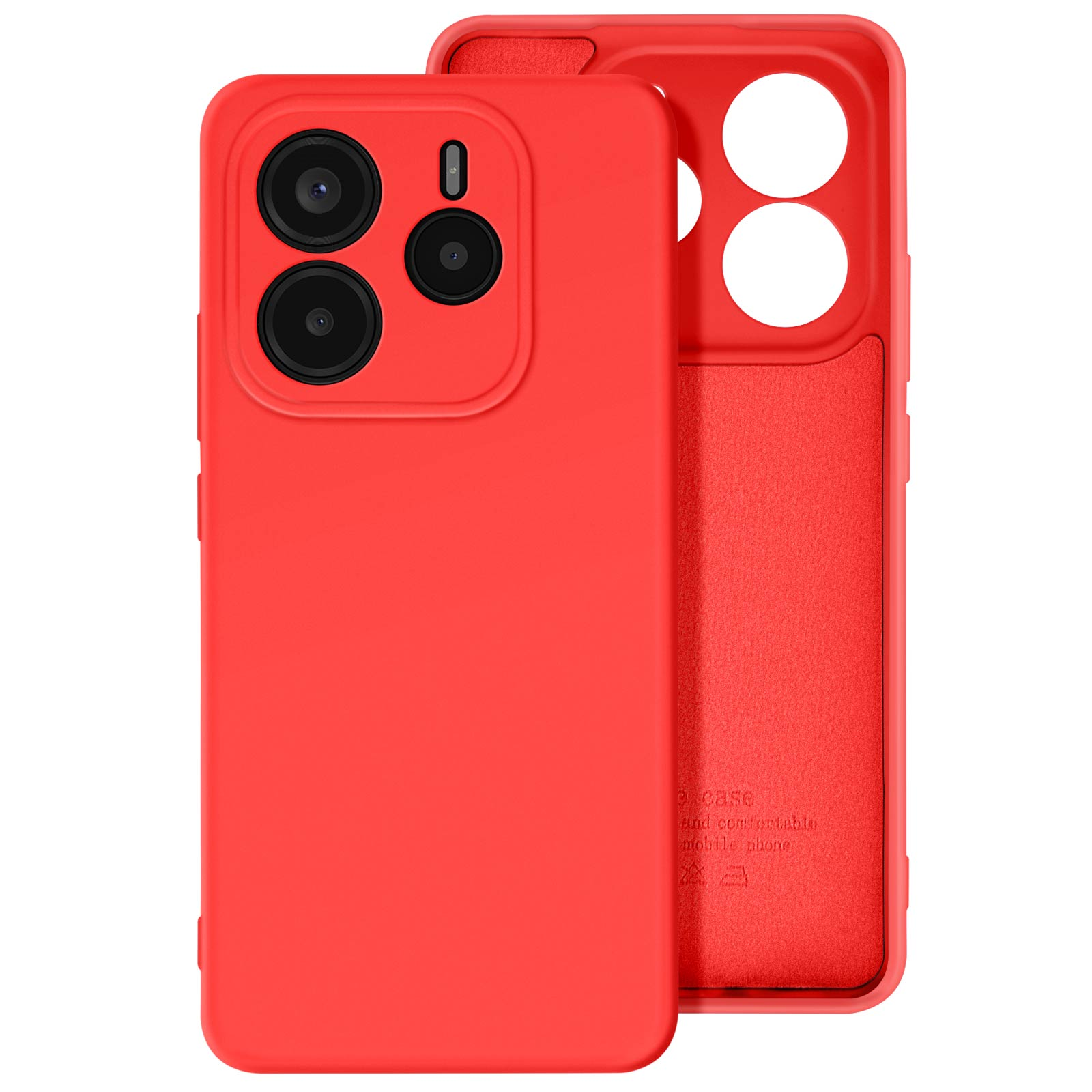 Custodia rossa per telefono con fori per fotocamera. Il retro è a sinistra, il davanti a destra.