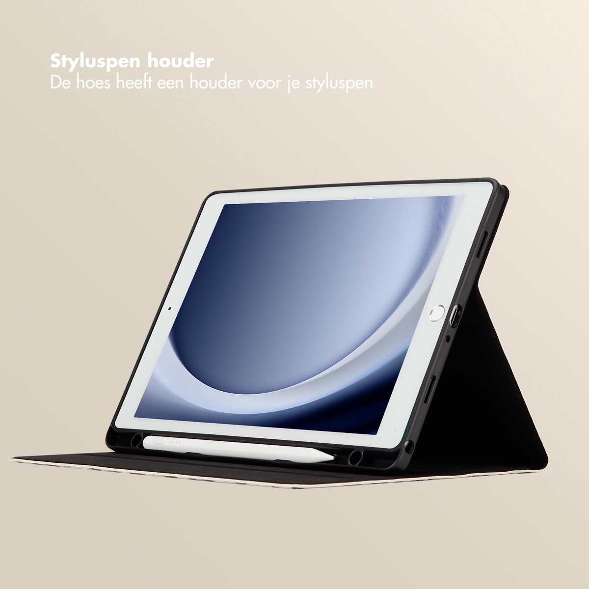 Tablet with stylus. Tablet is open with a black case.